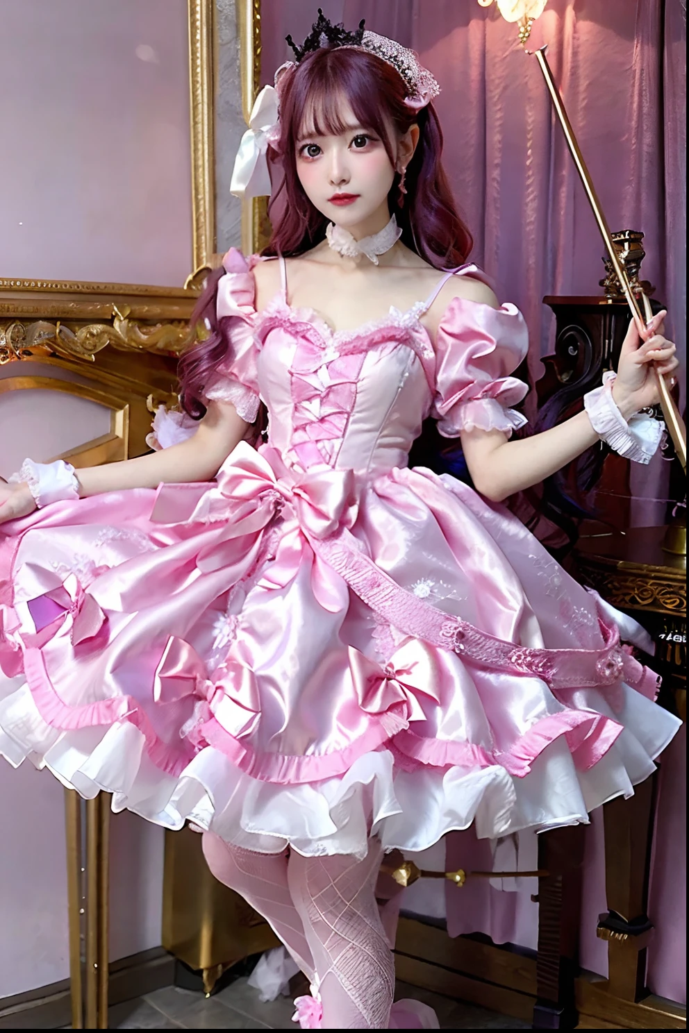 Pink satin dress with cane and crown arafe, fantasy dress, magical dress, dreamy style, very magical and dreamy, ****ta Fashion, ethereal fairy tale, fairycore, fantasy outfit, wearing fantasy formal clothing, angelic pretty, dreamy and detailed, ****ta style, fantasy style clothing, rococo dress, Fantasy aesthetics!, romantic dress