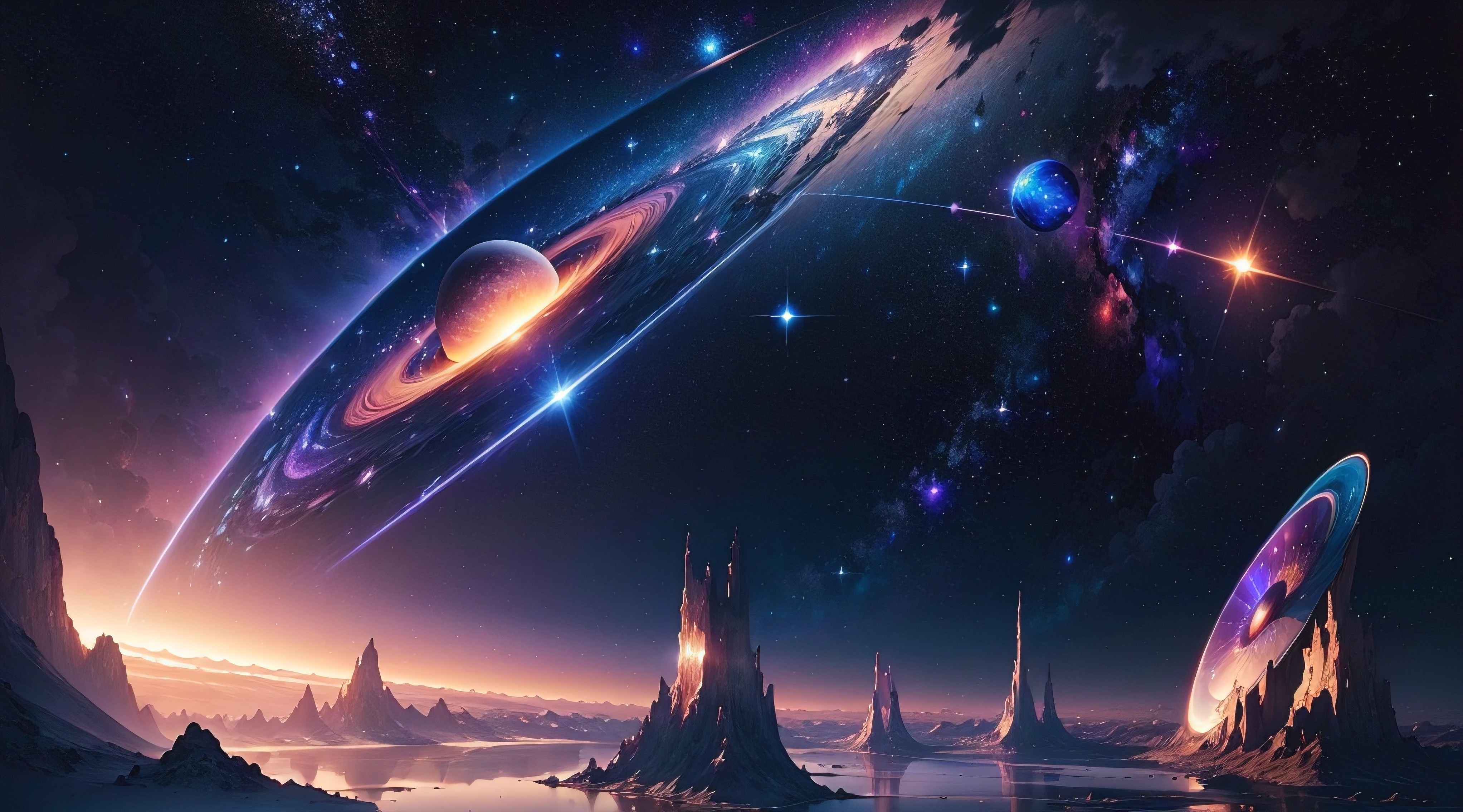 masterpiece, best quality, high quality, extremely detailed CG unity 8k wallpaper, cosmic vista, star-filled sky, no humans, distant planets, celestial ballet, celestial bodies, interstellar journey, galactic wonders, cosmic marvel, radiant colors, celestial beauty, deep space, otherworldly, stunning realism, astral dreamscape, captivating luminosity, breathtaking cosmic art