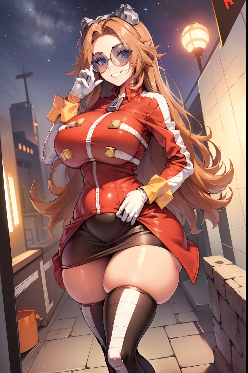 (masterpiece, best quality:1.2), eggmaam, looking at viewer, smile, skirt, thighhighs, gloves, detailed night sky, moonlight, cinema camera, jacket, thighs, glasses, teeth, black thighhighs, white gloves, black skirt, orange hair, grin, (large breasts:1.6), thick thighs, goggles, tinted eyewear, blue-tinted eyewear