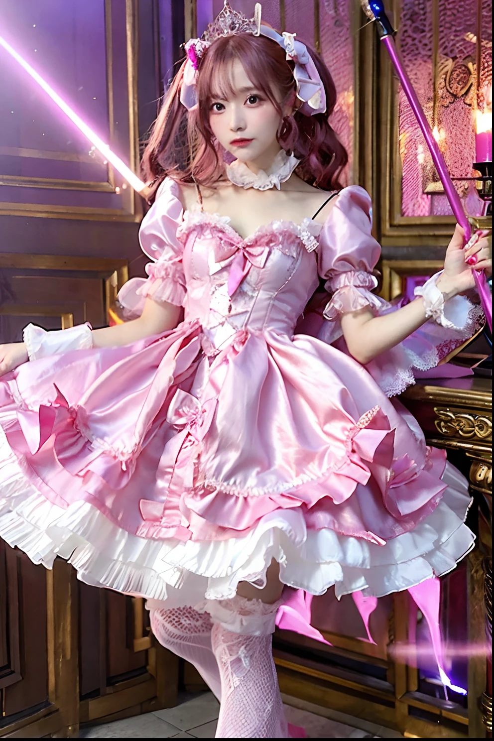 Pink satin dress with cane and crown arafe, fantasy dress, magical dress, dreamy style, very magical and dreamy, ****ta Fashion, ethereal fairy tale, fairycore, fantasy outfit, wearing fantasy formal clothing, angelic pretty, dreamy and detailed, ****ta style, fantasy style clothing, rococo dress, Fantasy aesthetics!, romantic dress