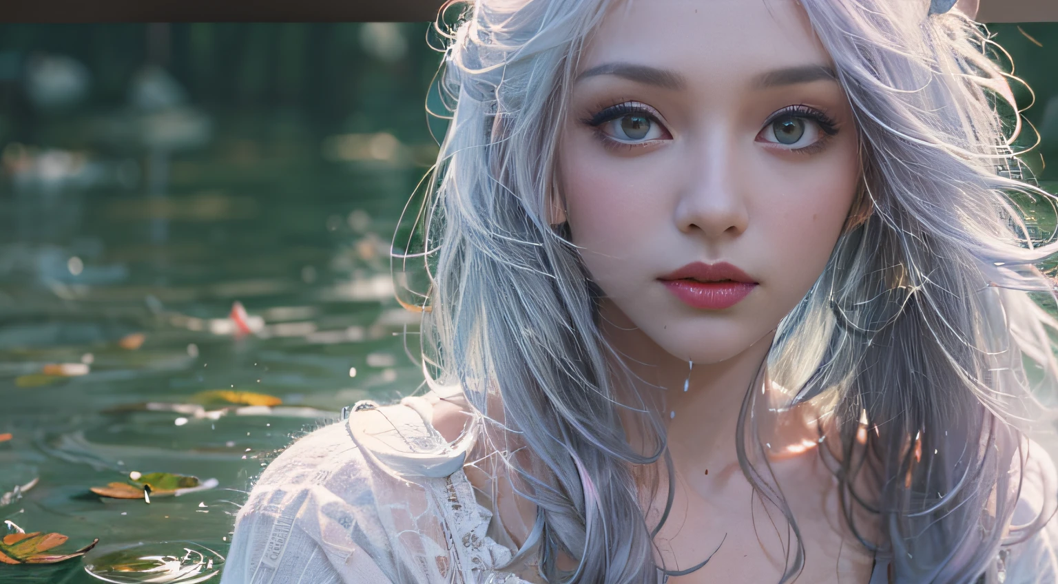 Girl standing knee-deep in Monet's pond、Translucent white clothes、1girl, streaked hair, blonde hair, purple hair, one side up, shiny hair, wet hair, long hair, Monet, depth of field, sparkle, letterboxed, UHD, retina, masterpiece, anatomically correct, textured skin, super detail, high details, high quality, best quality, highres, 1080P, HD, 4K, 8k