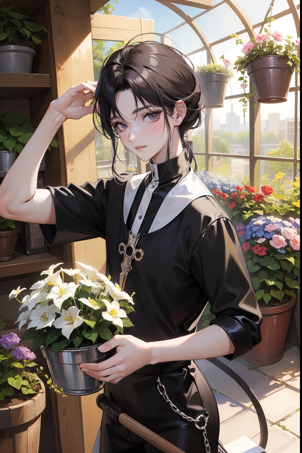 Imagen de buena calidad, 1 chico, 18 year old , muy dulce y amable, con cabello largo negro recogido, with purple eyes and almost pale white skin with a walking stick, con una cara bien echa y detallada, Thematic: en un invernadero, controlling the plants and breaking the greenhouse with the roots. de las flores que lo rodean, with magic circles