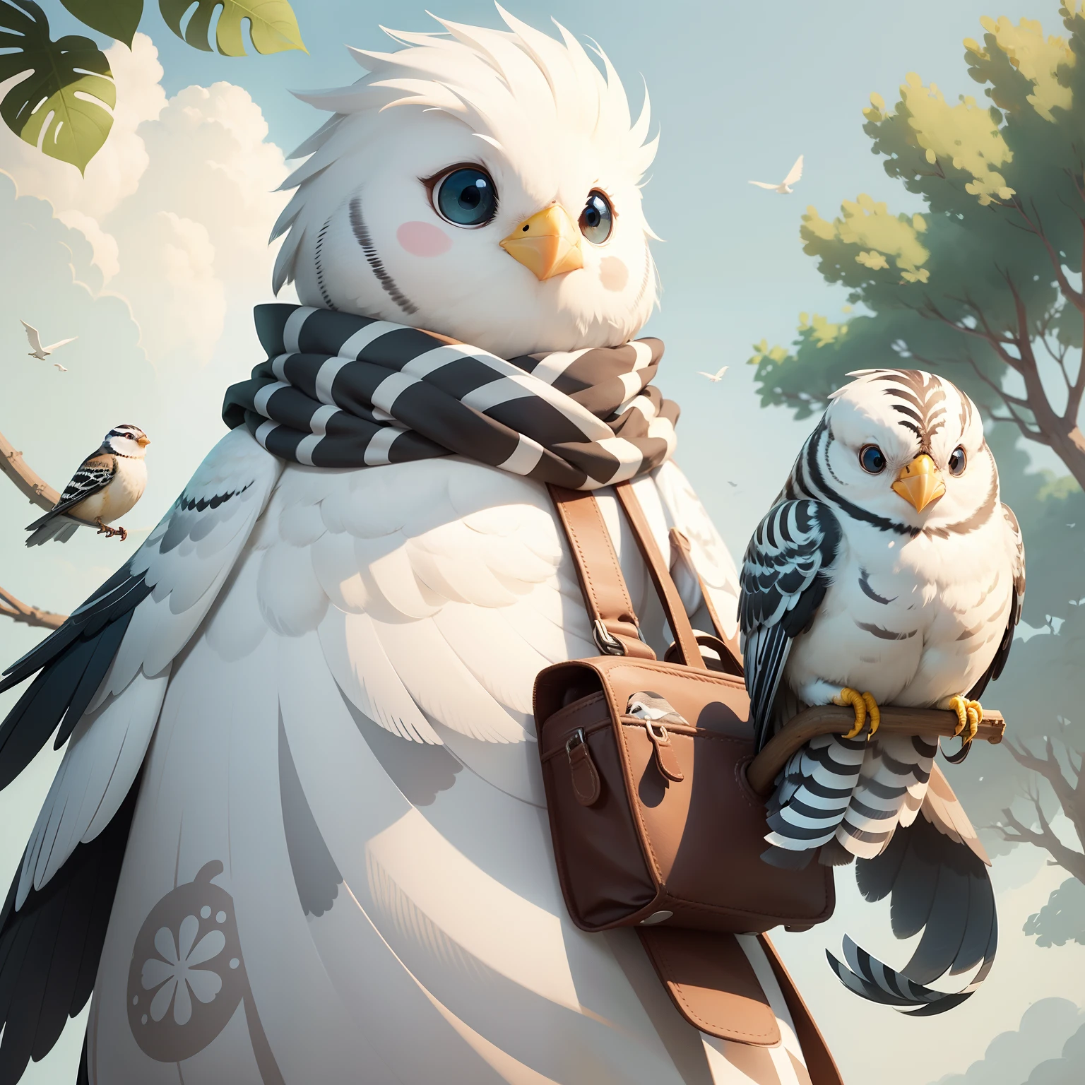 Striped、One bird、birdie、Birds with white whole body、round head、Round body、Round character design、illustratio、friendly、adorable eyes、fluffy plumage