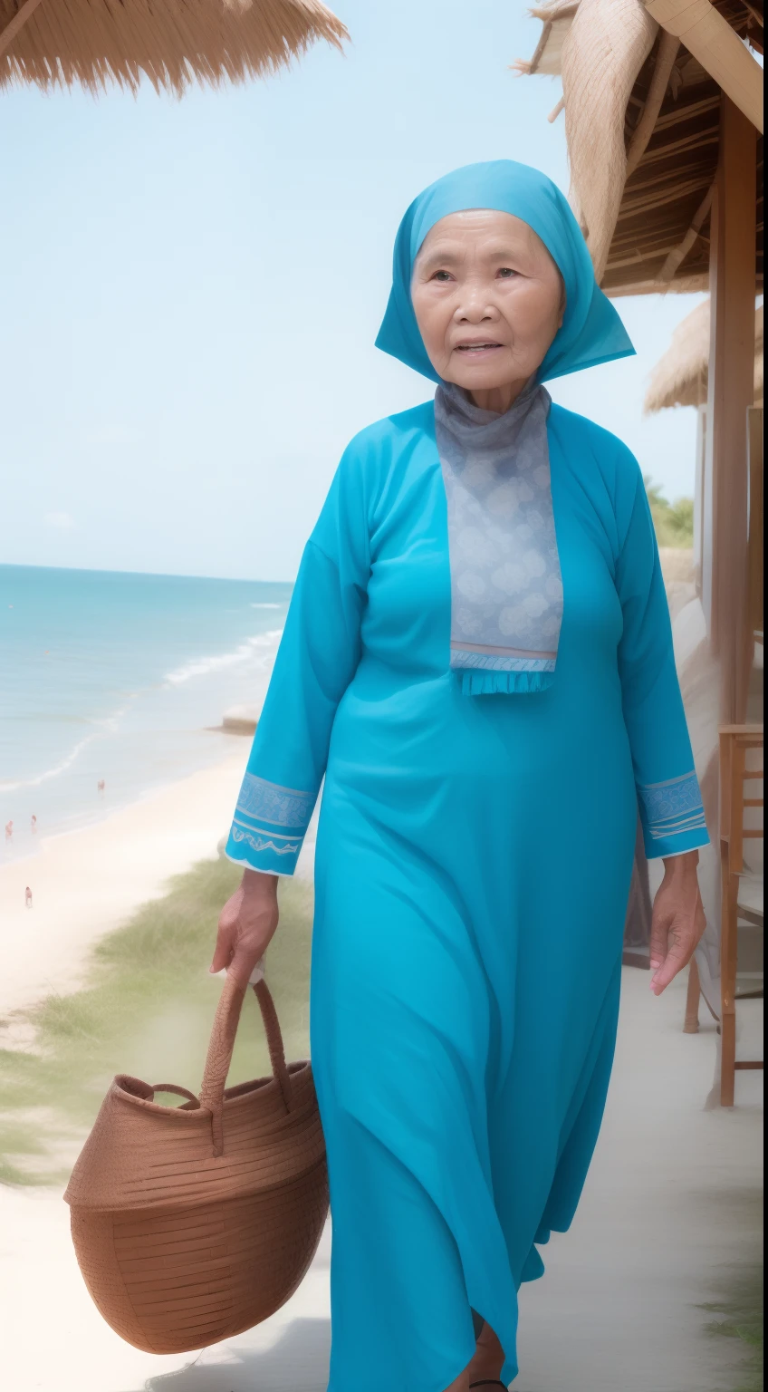 a Sundanese grandmother walking around the beach, selling food