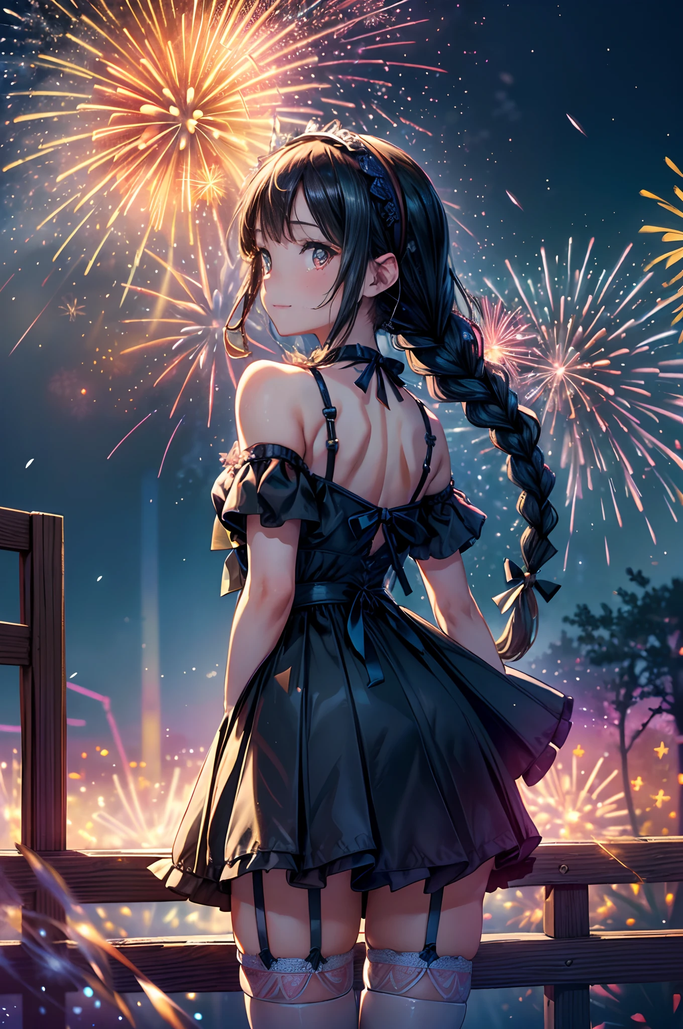 [masterpiece], [best quality], highly detailed, absurdres, Panorama, abstract background, girl, [student], pupils sparkling, seductive smile, long hair, (twin braids), lolita hairband, sleeveless dress, lolita fashion, off_shoulder, uwabaki, leg_garter, (Fairy wings), arms behind back, (standing), (looking away), in summer, ferris wheel, summer festival, dreamlike, glowing neon lights, (dynamic angle, finely detail, (bloom), (shine), glinting stars, ((((best detailed fireworks)))), ((((depth of field)))), (((hanabi))),(((backlight))),)