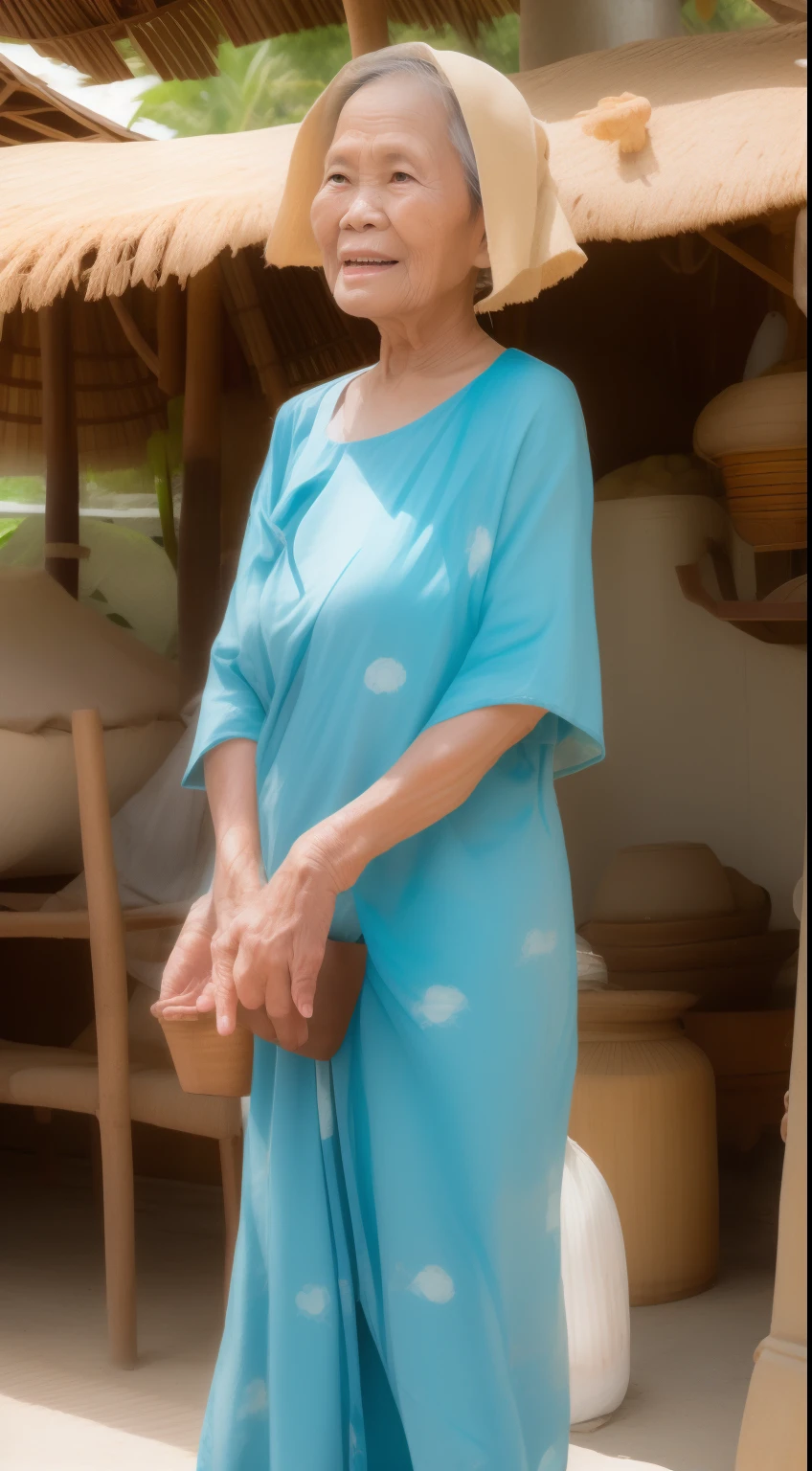 a Sundanese grandmother walking around the beach, selling food