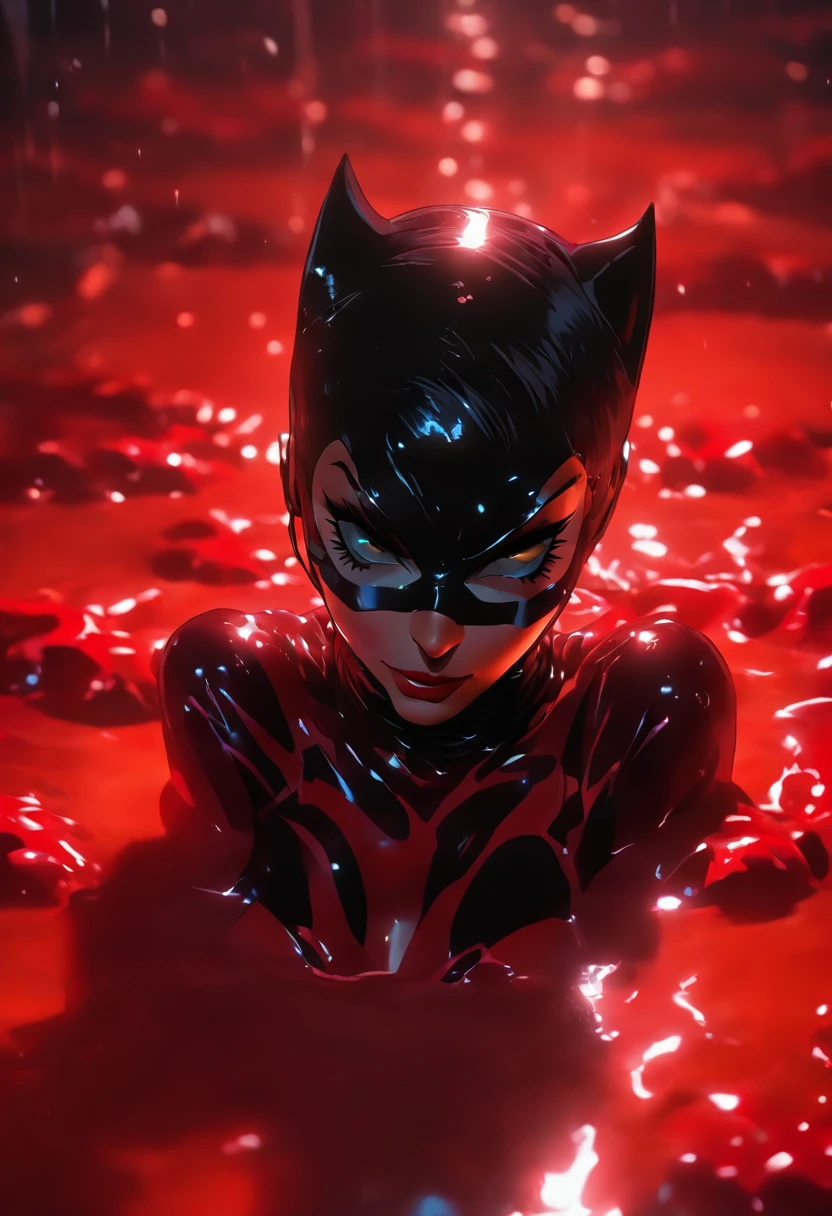 ultra realisitc photograph, full body Catwoman laying in a pool of milk and thick red liquid, drenched thick red liquid, dark cinematic lighting, evil