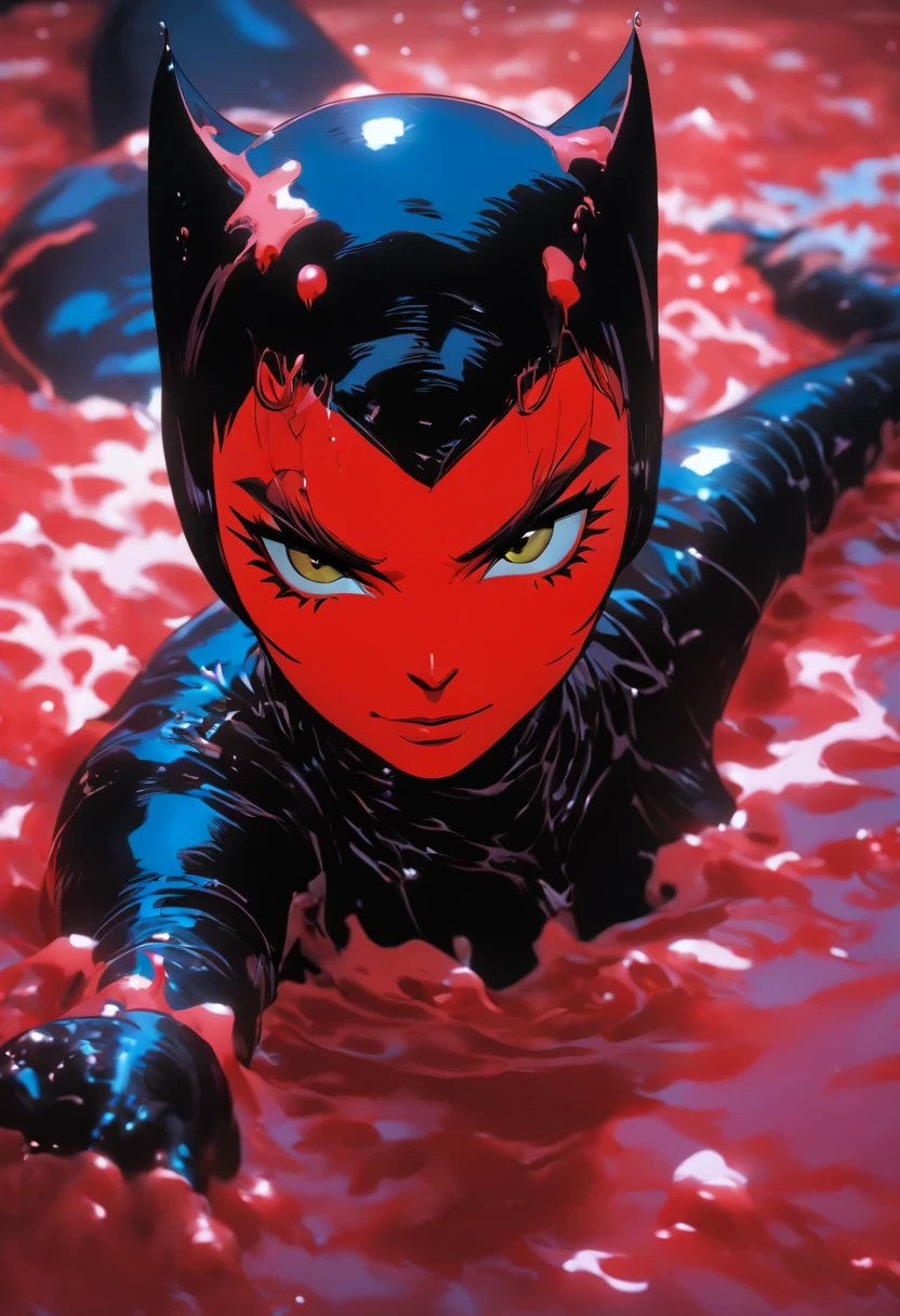 ultra realisitc photograph, full body Catwoman laying in a pool of milk and thick red liquid, drenched thick red liquid, dark cinematic lighting, evil
