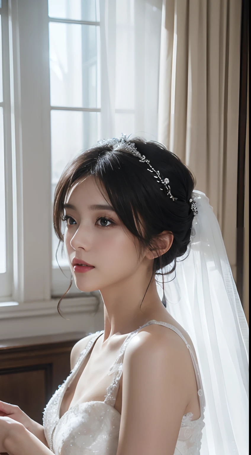 (Very detailed, Reasonable design, Clear lines,Best Quality, masutepiece,Light and Dark Light Canon Photo Crystal Clear (realisticlying:1.2)Beautiful woman in white wedding dress