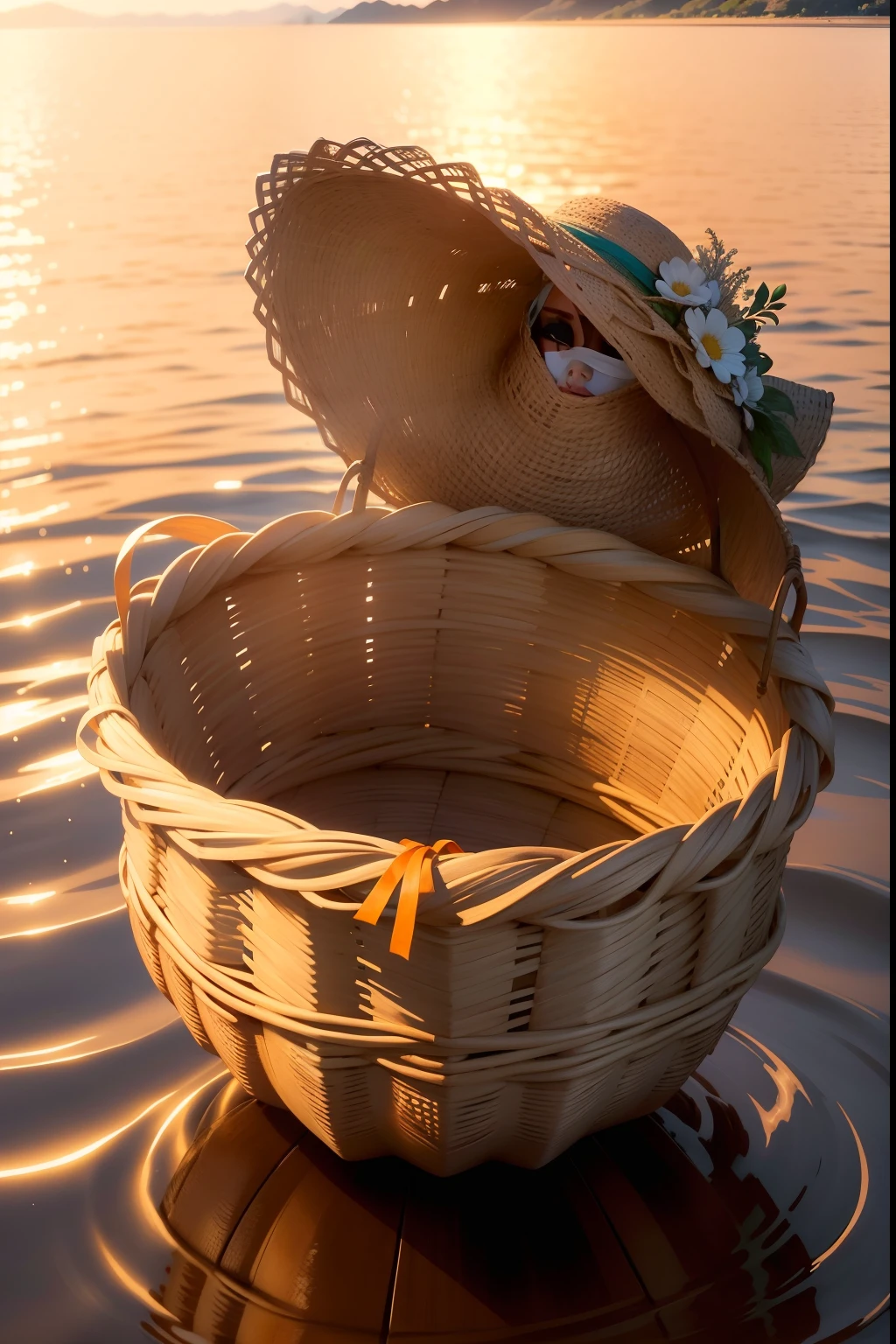 A meticulously woven wicker basket, adornada com flores de papiro, flutua serenamente na correnteza do majestoso Rio Nilo. The waters shine with the first rays of dawn sun, reflecting a myriad of vibrant colors.