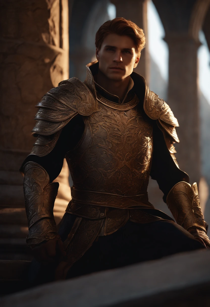 (Absurdres, Intricate Details, Masterpiece, Best Quality, High Resolution, 8k), 1 male, thin, young, aged up, masked, finely detailed eyes and face, auburn low-fade hair, amber eyes, portrait, looking at viewer, solo, half shot, detailed background, (light fantasy theme:1.1), focusing, mercenary, sunshine, floating scraps, color plate armor, divine aura, bright realistic lighting, marble castle, intense atmosphere, circlet, coat of arms, brazier, , Depth of Field, VFX.