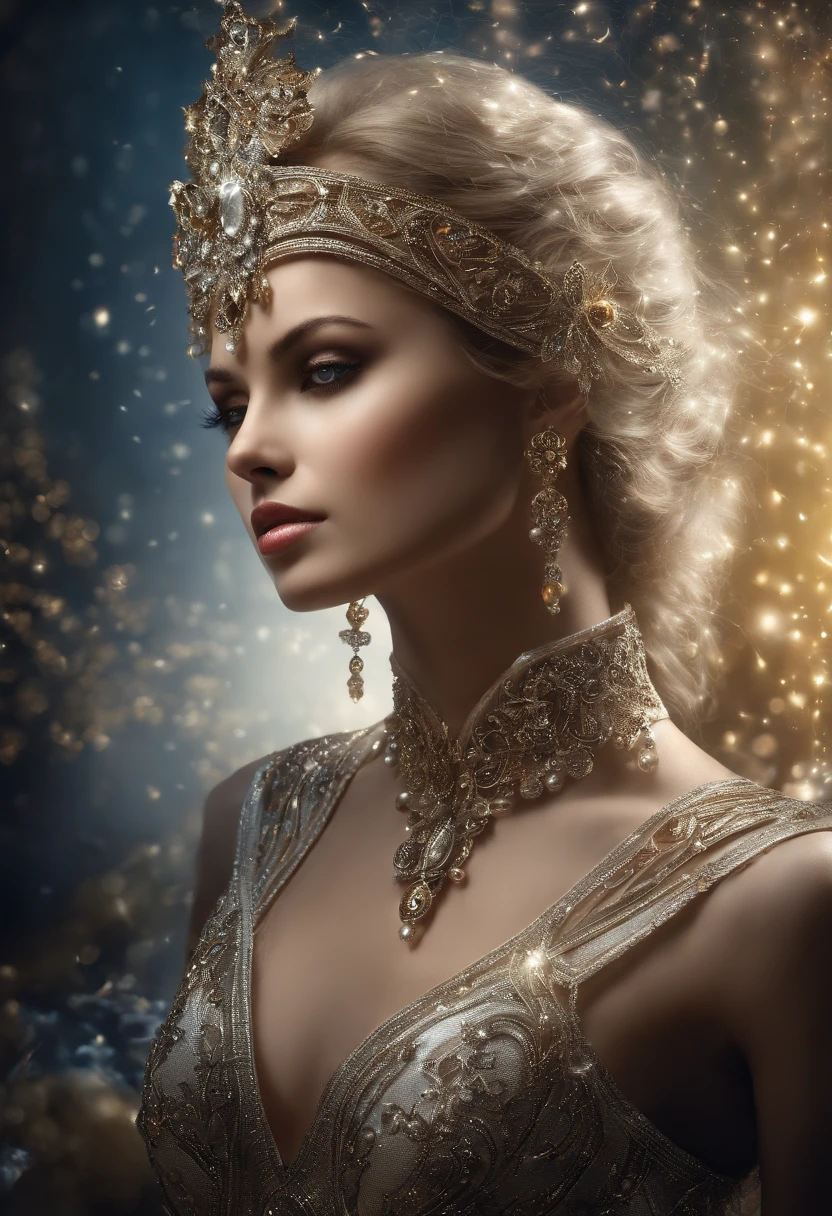 Fantastic portrait, insanely beautiful humanoid cyber girl, with a twist of rococo extravaganza, reminiscent of Tamara de Lempicka’s Art Deco elegance, clothes consisting of a weave of translucent wires with gold flecks, full body pose, intrusive, saturated, intricate background, textured image, spots, scattered rays of light, flickering light, realistic skin texture, gaze, platinum, shimmering rain, shimmering makeup, (((tattoos))), unearthly, inlay, translucent shining eyes, curls, bizarre, ornate, matte poster, highly detailed, hyperdetalized face and eyes, disheveled hair fluttering in the wind, overly detailed, scattered chaotic light, in the style of shiny rhinestone crystals