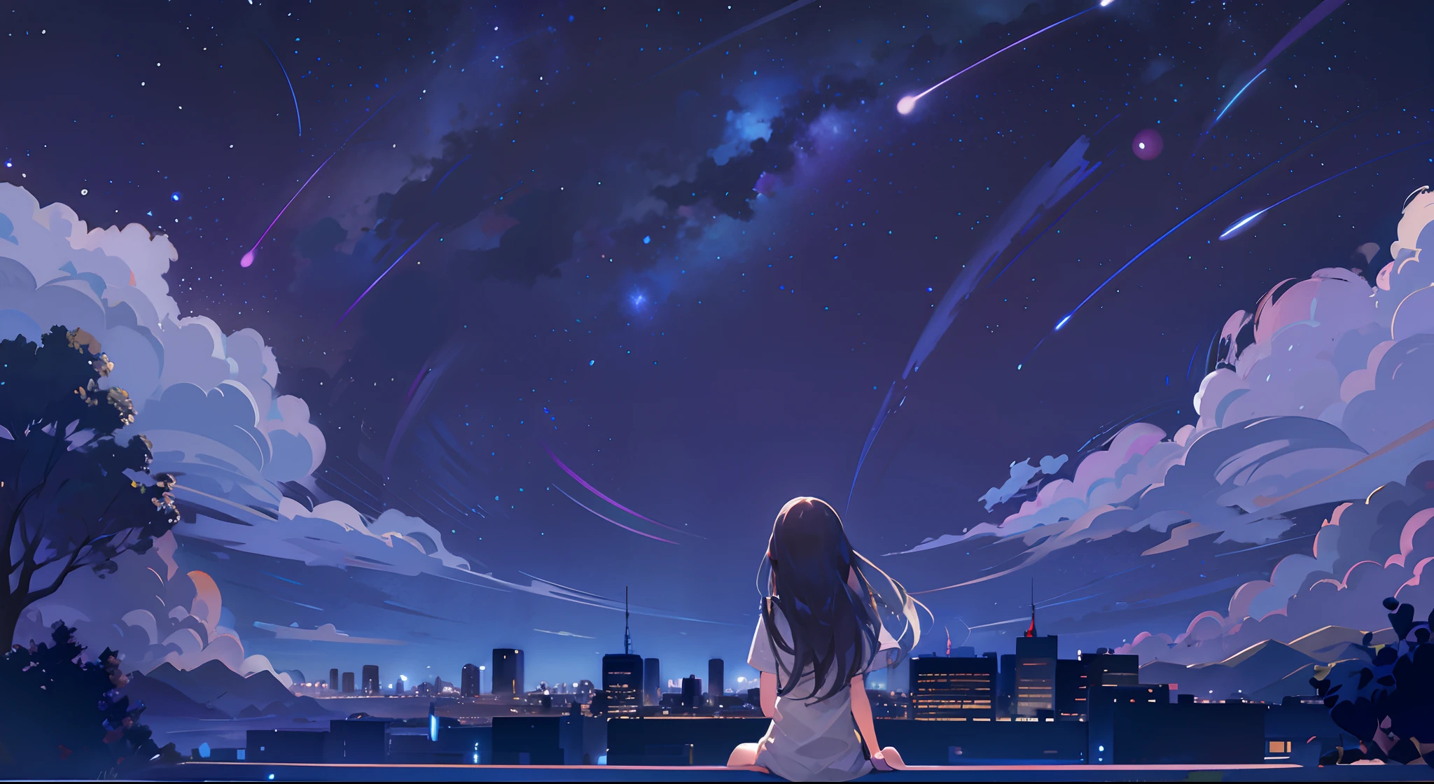 octans, sky, star (sky), scenery, starry sky, night, 1girl, night sky, solo, outdoors, building, cloud, milky way, sitting, tree, long hair, city, silhouette, cityscape
