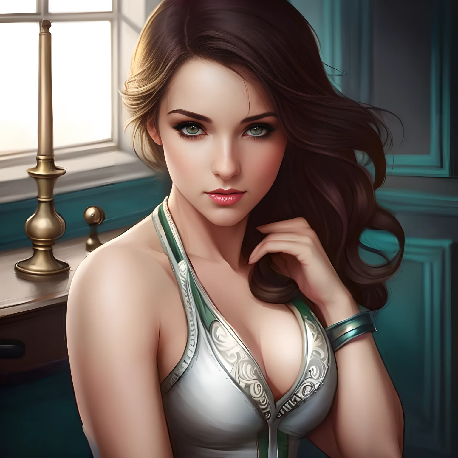 Una mujer con un vestido plateado posa junto a una ventana, in the art style of bowater, al estilo de Artgerm, realistic fantasy illustration, Dibujado en el estilo de Artgerm, Arte de personajes de Charlie Bowater, exquisite digital illustration, Retrato de Artgerm, Hermosa pintura de personajes, Artgerm. High detail, En el estilo Artgerm