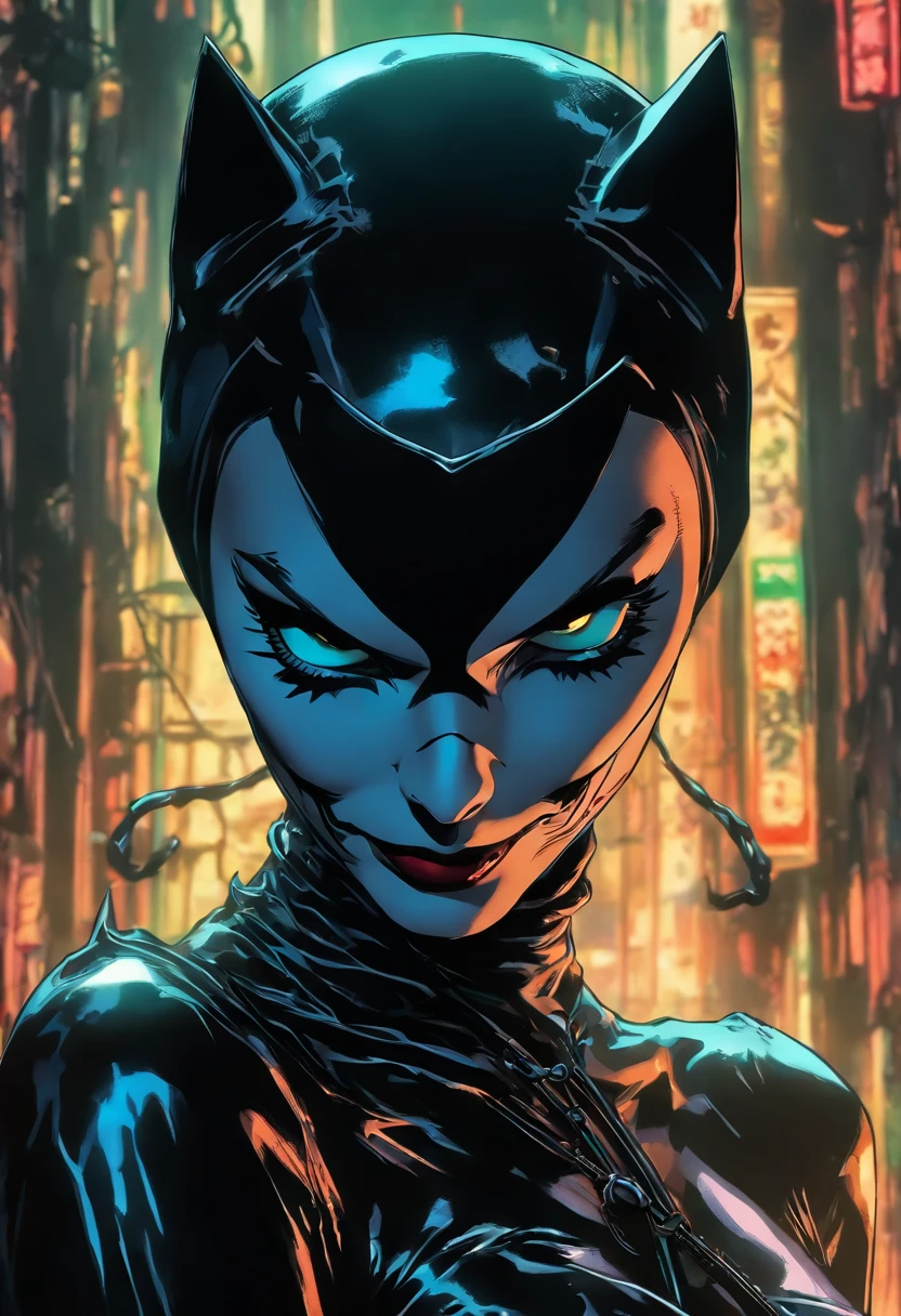 ultra realisitc photograph, Catwoman lcatwoman skull nun, dark cinematic lighting, evil