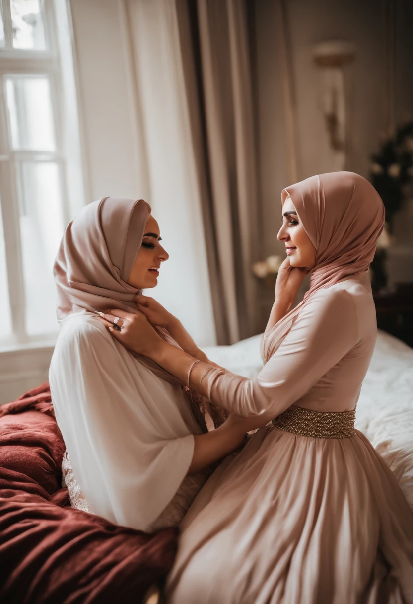 (best quality, realistic, highres:1.2), two girls in a cozy room wearing hijab and long dresses, their bodies gently touching, their eyes locked with desire, the soft lighting creating an intimate atmosphere. The room is adorned with sensual decor, setting a romantic mood. The girls' lips are alluring, as they sensually lick each other's lips, conveying their deep affection. Their love for each other is evident in their passionate embrace. The girls radiate undeniable sexiness, with their natural beauty and seductive gazes. The room is filled with an air of desire and love, as they explore their connection. The air is filled with an aura of seduction and sensuality, captivating anyone who witnesses this intimate moment. Their exposed breasts add an extra layer of eroticism to the scene. The painting exhibits ultra-fine details, providing a mesmerizing visual experience. The colors are vivid, evoking a sense of passion and desire. The lighting accentuates their features, casting alluring shadows that further enhance the atmosphere of the room. This is a masterpiece that captures the essence of love, sensuality, and beauty.