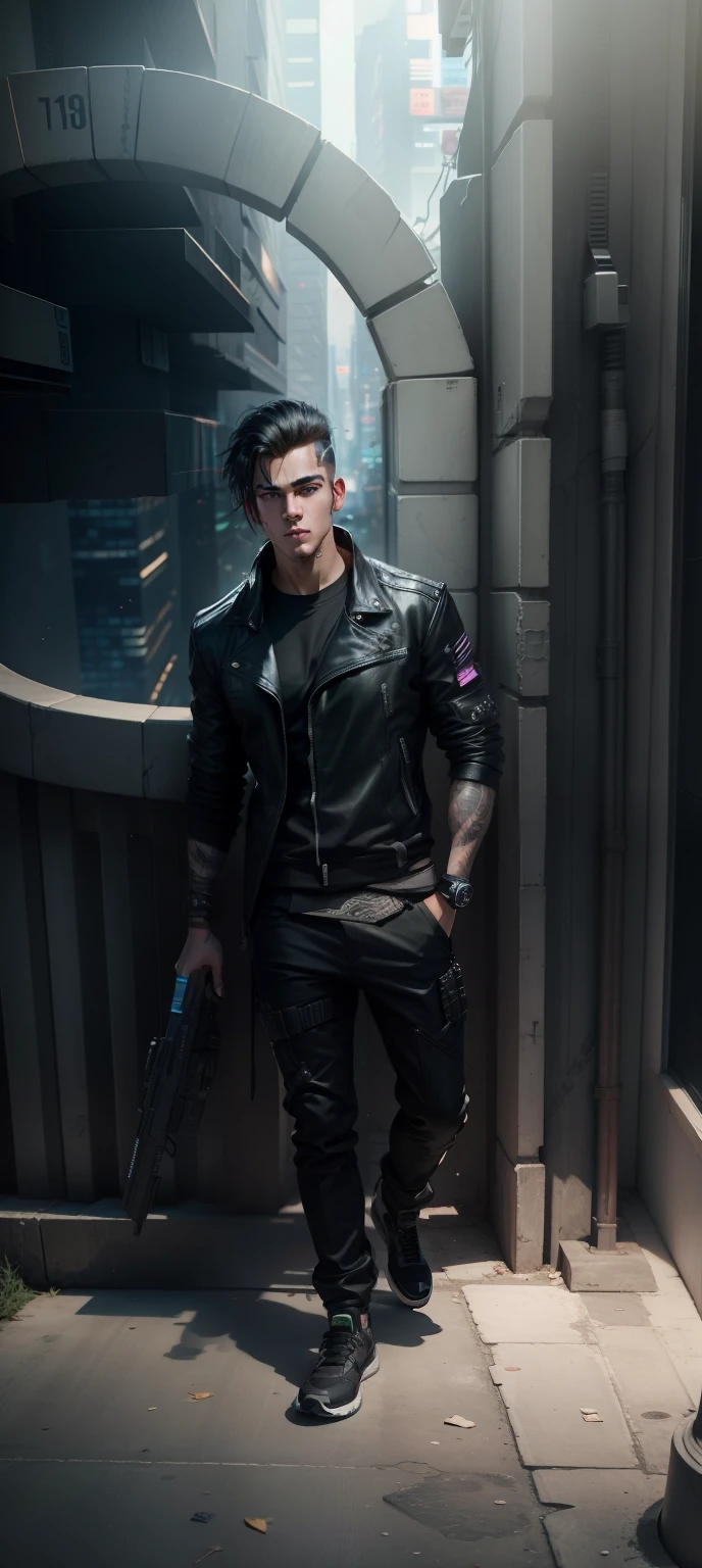 Change background cyberpunk handsome boy ultra realistic face