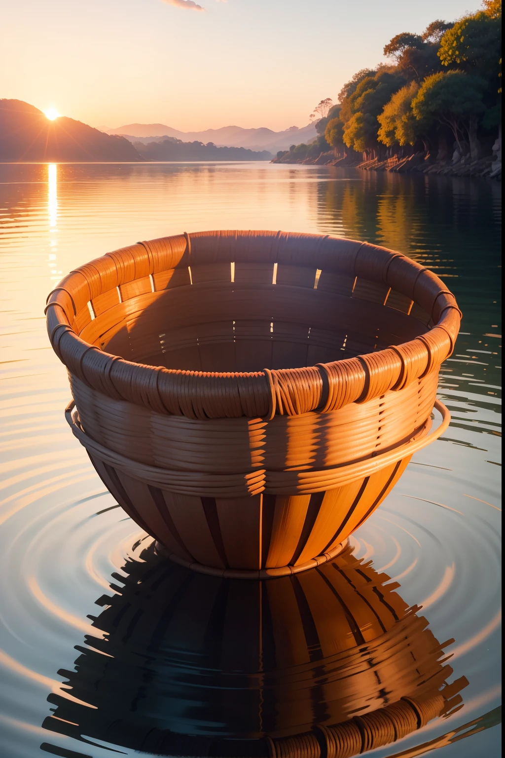 A meticulously woven wicker basket, flutua serenamente na correnteza do majestoso Rio Nilo. The waters shine with the first rays of dawn sun, reflecting a myriad of vibrant colors.