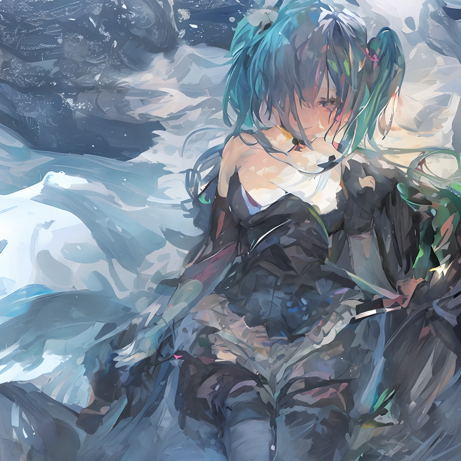 Let's start with a base illustration of a young female character.
Adjust hair color to Hatsune Miku's iconic turquoise blue.
Styling very long hair, Reach below the waist, With twin tails. Twin tails are evenly balanced、Make sure the top is properly wrapped.
Gives hair a shiny look and slightly voluminous texture.
large and young々Creates a cute expression, Expressive eyes. Eye color should be a bright blue tint.
Give her a characteristic slim and petite body frame.
Remove the distinctive outfit consisting of a sleeveless top, tie, and pleated skirts. Include teal and black shades in the color scheme.
Include signature accessories such as futuristic headsets, microphone, Removable sleeve.
Optionally, Add knee-high boots or thigh-high socks in the same tone.
Provide a backdrop that complements aesthetics, futuristic city street, Concert stage with colorful lights, etc..
Due to the complexity of the instructions、Be careful, It can be difficult for AI to accurately generate images based on the exact specifications provided.
Draw in sketch style, Similar to Idea Sketch.
Drawings that look like they were drawn with a pencil. Messily drawn drawings. A picture drawn with hesitation.soft joints - dancer's joints - dramatically twist the hips - do not use black for contours - pink lighting - lower the gaze - slender eyes - puffy cheeks, - visible abdominal skin - hair color is light blue - hair does not turn green - bright pastel colors with contours.