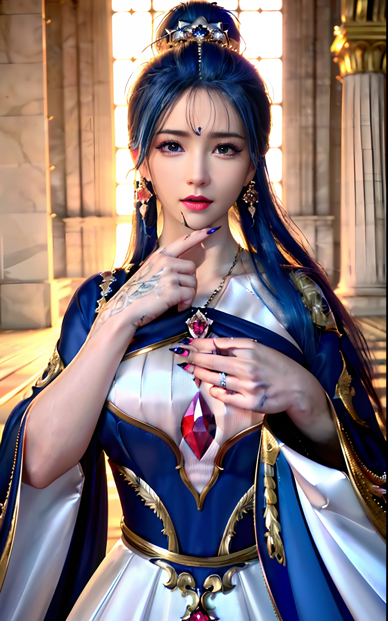((realisticity: 1.2)), ((realistic: 8K UHD)), ((best resolution: 8K UHD)), hyper detailed, best quality,masterpiece,highres,cg, ((1 girl hyper detailed and hyper realistic) ) , ((beautiful queen, hyper realistic and hyper detailed)),((white skin, beautiful, smooth, youthful, hyper realistic and hyper detailed )), ((Face hyper beautiful, white, hyper realistic and hyper detailed ) ), long hair, ((hyper realistic and hyper detailed dress)), solo, ((hyper realistic, hyper beautiful, beautiful and hyper detailed jewelry)), ((hyper beautiful deep red and golden yellow dress, hyper realistic and hyper detailed )) , ((Her pretty, hyper realistic, hyper detailed diamond filled earrings)), ((Her gorgeous diamond haircut, hyper realistic and hyper detailed)), ((hyper pretty upper body, hyper beautiful, hyper realistic and hyper detailed) ), ((medium breast: 1.1)), ((hyper realistic, hyper pretty, hyper detailed boobs)), ((the backgroun of the royal palace is hyper majestic, hyper realistic and hyper detailed)),((hands and palms hyper beautiful, hyper detailed, hyper realistic)), ((hyper detailed and hyper realistic fingers and fingernails)), ((hyper pretty fingernails, hyper vivid, hyper detailed, hyper realistic)), ((thumb, index finger, middle finger, ring finger, little finger hyper vivid, hyper pretty, hyper detailed, hyper realistic)),  
((hyper beautiful fingers, hyper detailed, and hyper realistic)), ((posture not too fat and not too thin, hyper realistic, hyper detail)), ((hyper pretty, hyper pretty, hyper realistic and hyper detailed hair bun)), ((hyper pretty , hyper realistic and hyper detailed blue hair)), candid, Photo, high resolution, 8k , bokeh,