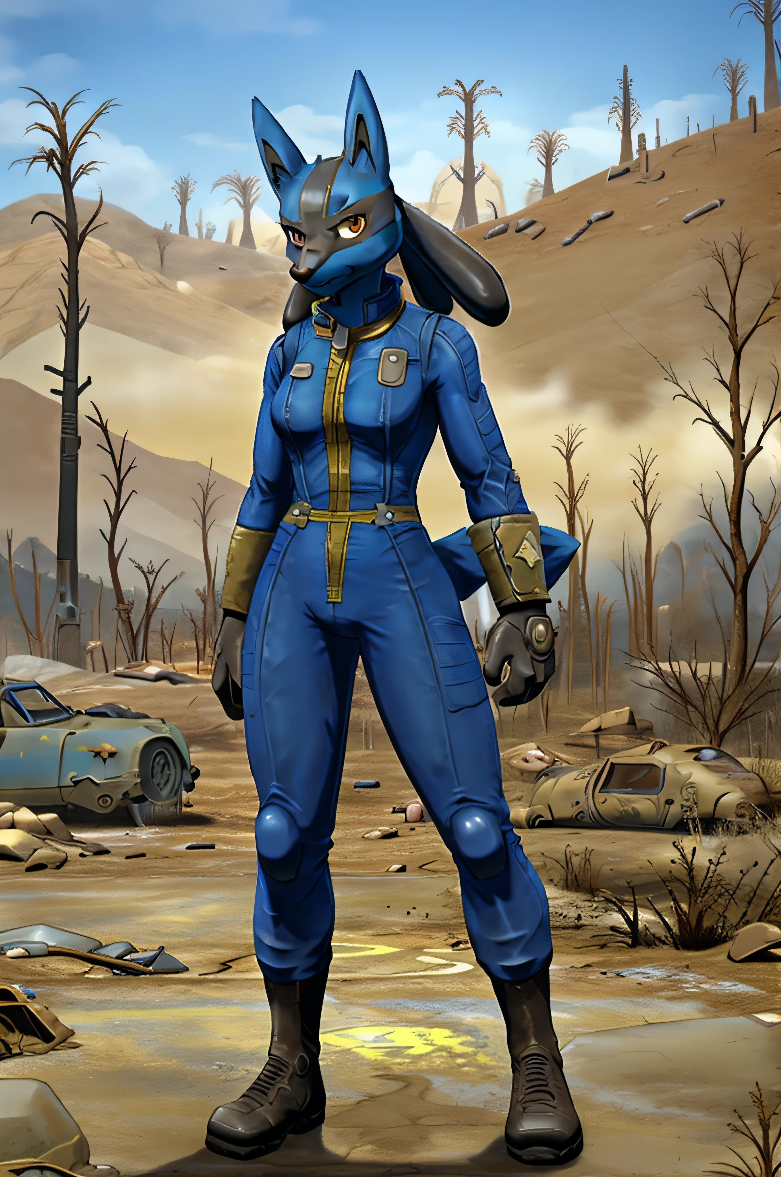 ((lucario pokemon)), (((wearing fallout vault jumpsuit))), fallout, wasteland, standing