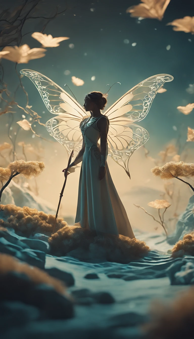 A graceful and delicate butterfly turned into a skilled archer, wings as ethereal cloak, drawing a luminescent bow amidst a fantastical realm of floating islands, clouds, and crystalline structures, a dreamy and enchanting setting, Papercut art, layered colored paper