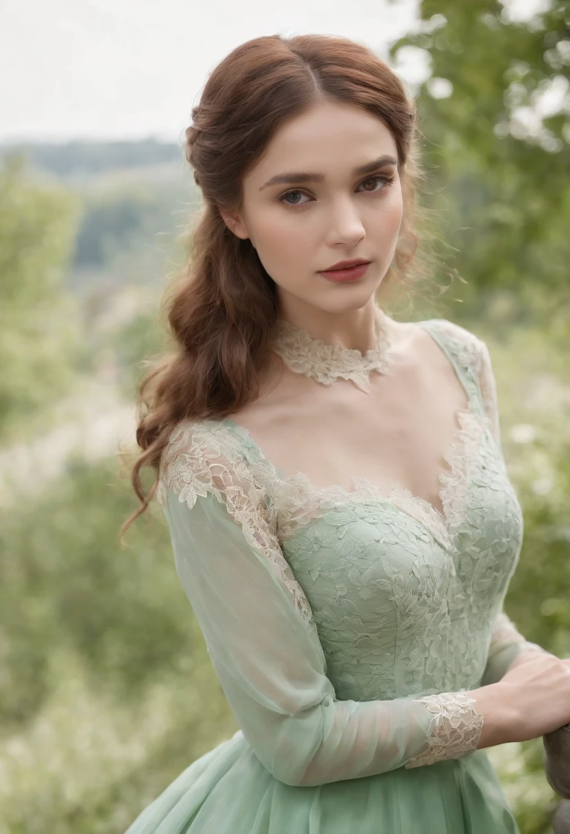 ((High-quality work)), the lines are clear and concise, the green dress and the beautiful pleated lace complement each other, which enriches the layering of the whole picture, the graceful Edwardian lace dress and the princess skirt add a lot to the character, the gesture with the back of the hand behind , It also shows the gentle and elegant side of women.