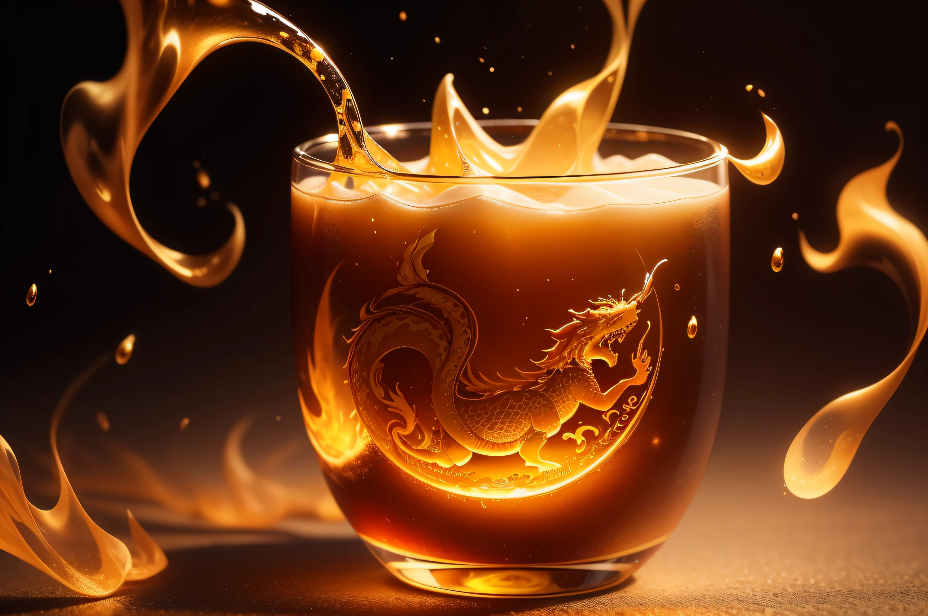 The drink appears as a translucent and shiny liquid, with golden tones that dance like flames inside. The cup is often decorated with dragon motifs, accentuating its magical aura.