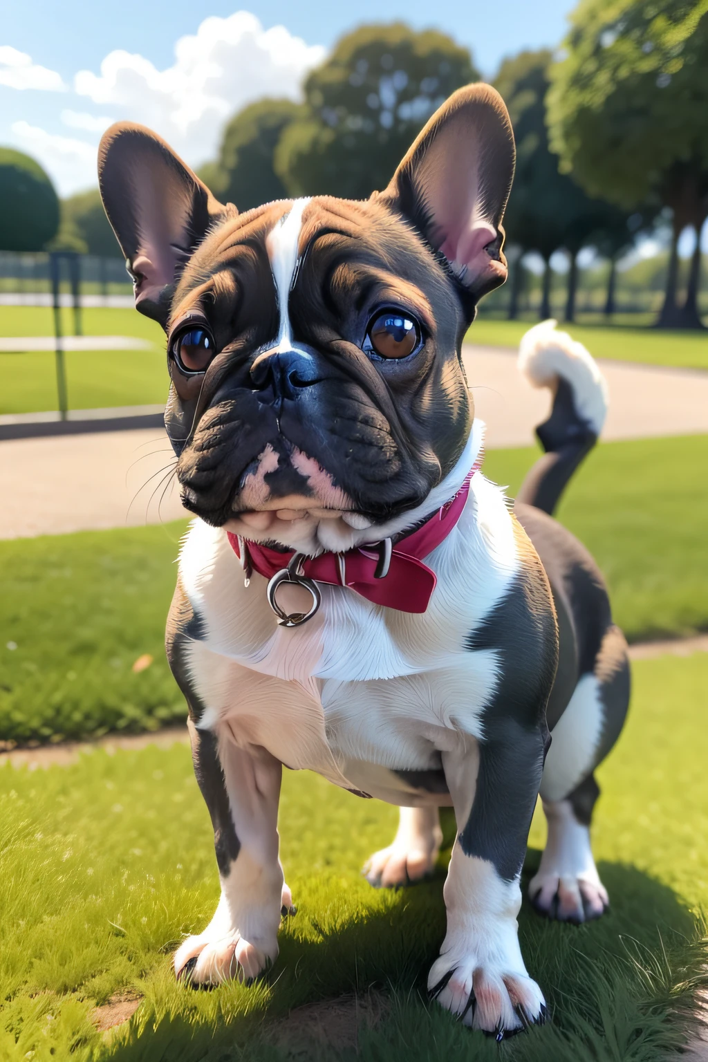 varios frenchbulldogs en un parque a las 12 del dia