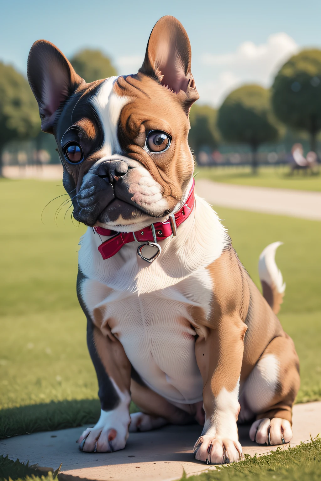 varios frenchbulldogs en un parque a las 12 del dia