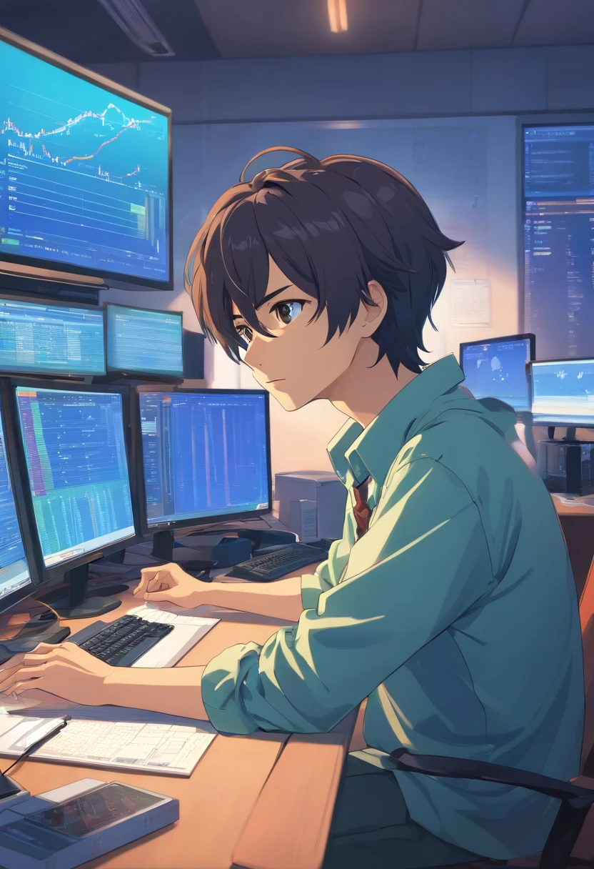 There's a man sitting at a desk with two computer monitors, sentado em um computador, sentado em frente ao computador, olhando para o monitor, displaying stock charts, sentado em uma mesa de computador, na frente de um computador, trading, trading stocks,