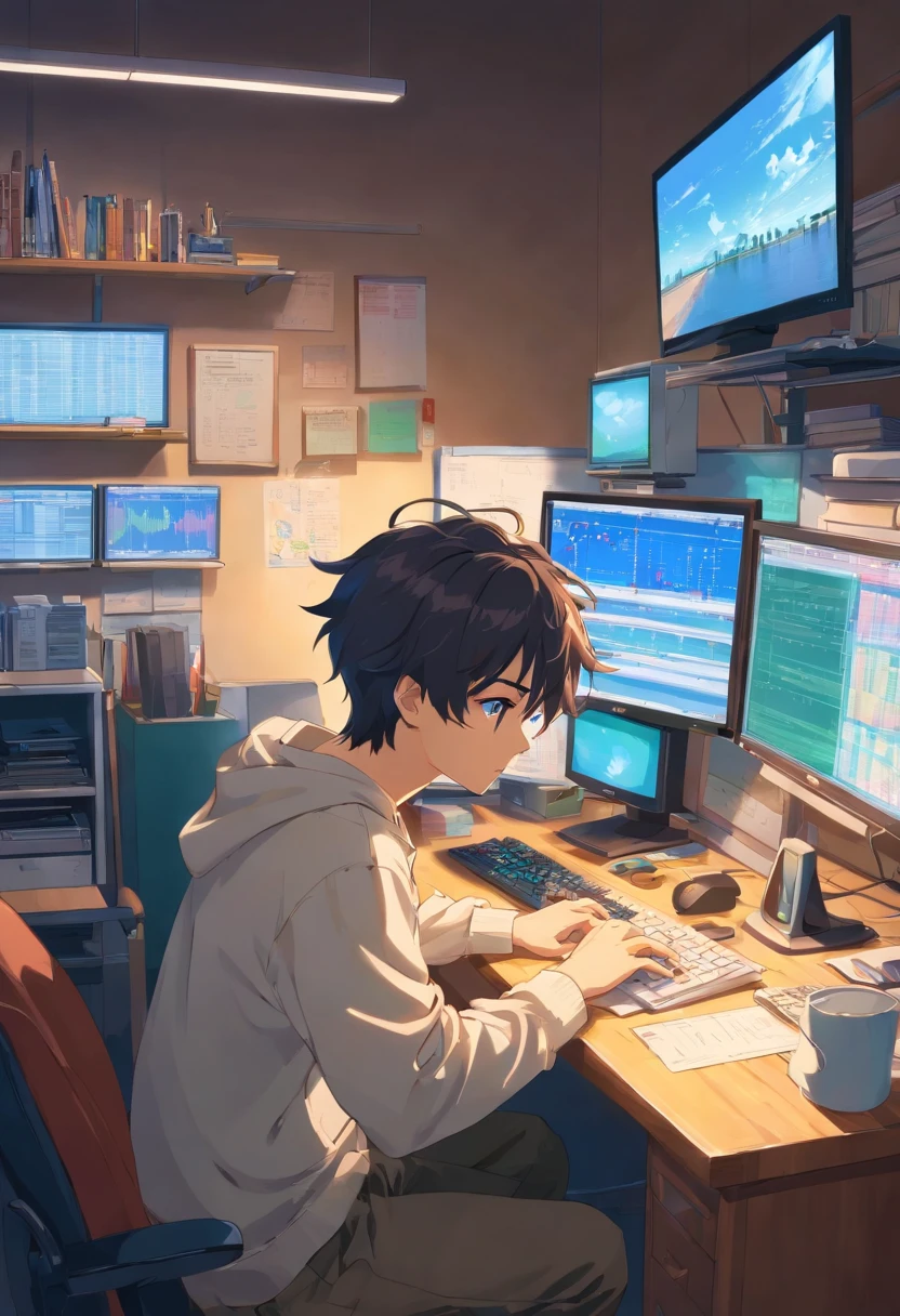 There's a man sitting at a desk with two computer monitors, sentado em um computador, sentado em frente ao computador, olhando para o monitor, displaying stock charts, sentado em uma mesa de computador, na frente de um computador, trading, trading stocks,