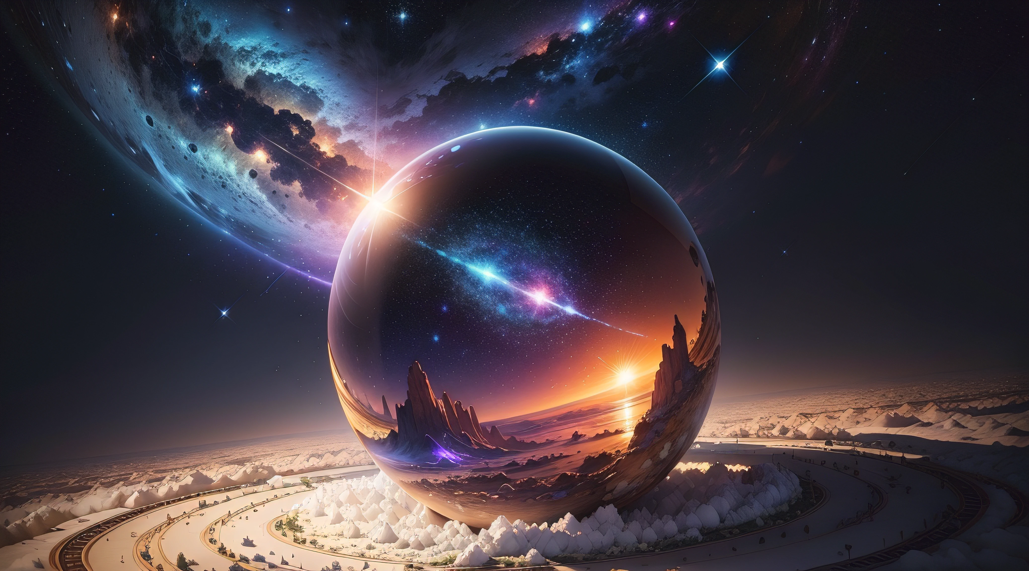 (sem seres humanos), (obra-prima), (Alta Detalhação), (higher resolution), {galaxy}, cinematic lighthing, realismo impressionante, papel de parede CG 4K, vasto universo estrelado, texturas exuberantes, Surrealist scenario, profundidade de campo envolvente, brilho com RTX e ray tracing, pintura impressionista surrealista, cores vibrantes, intergalactic beauty, dazzling cosmic depth, brilho radiante, detalhes ultra-realistas, vista fascinante, estrelas cintilantes, ethereal majesty, obra-prima estelar