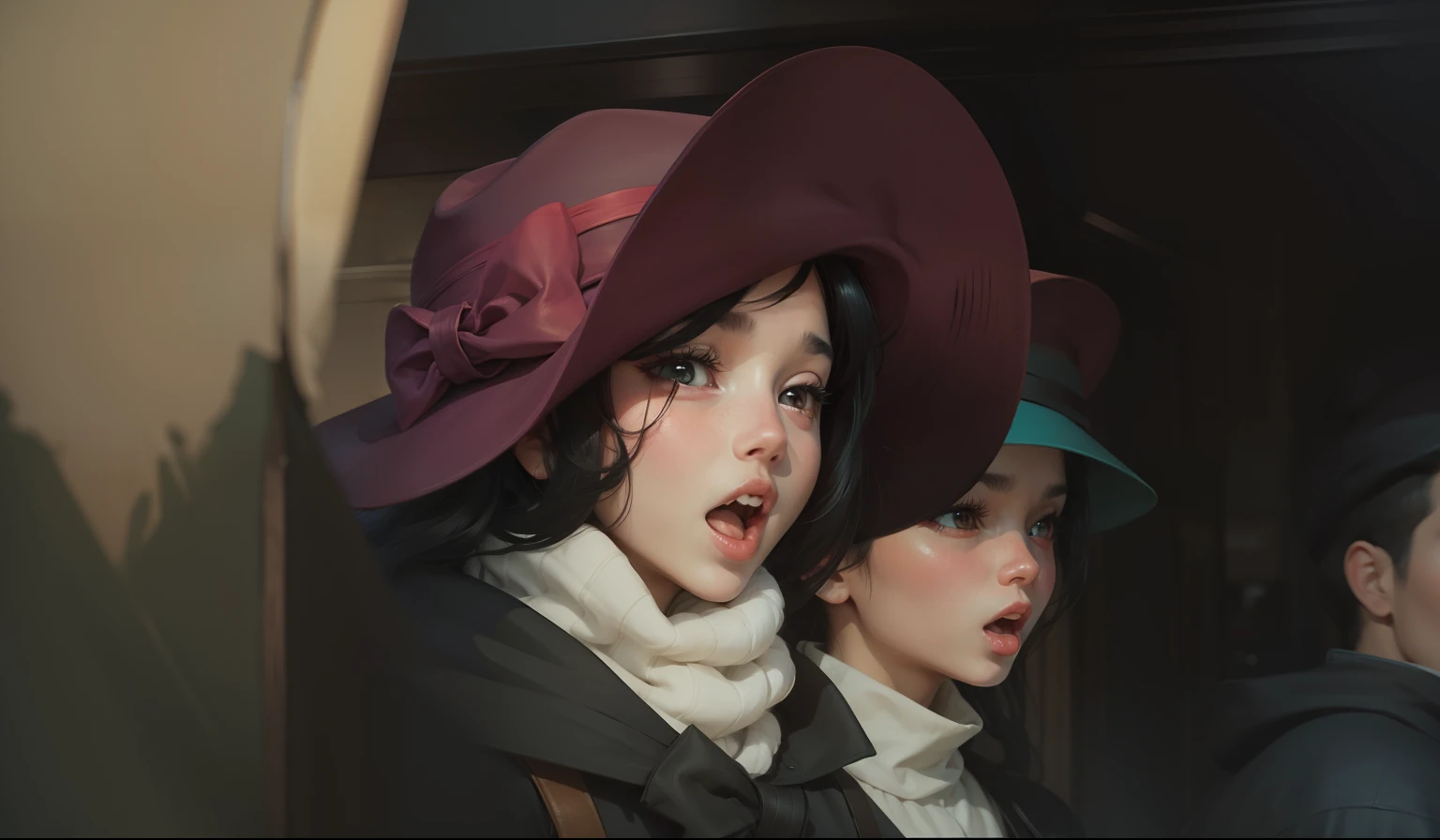 a girl wearing hat, black hair,her mouth is open