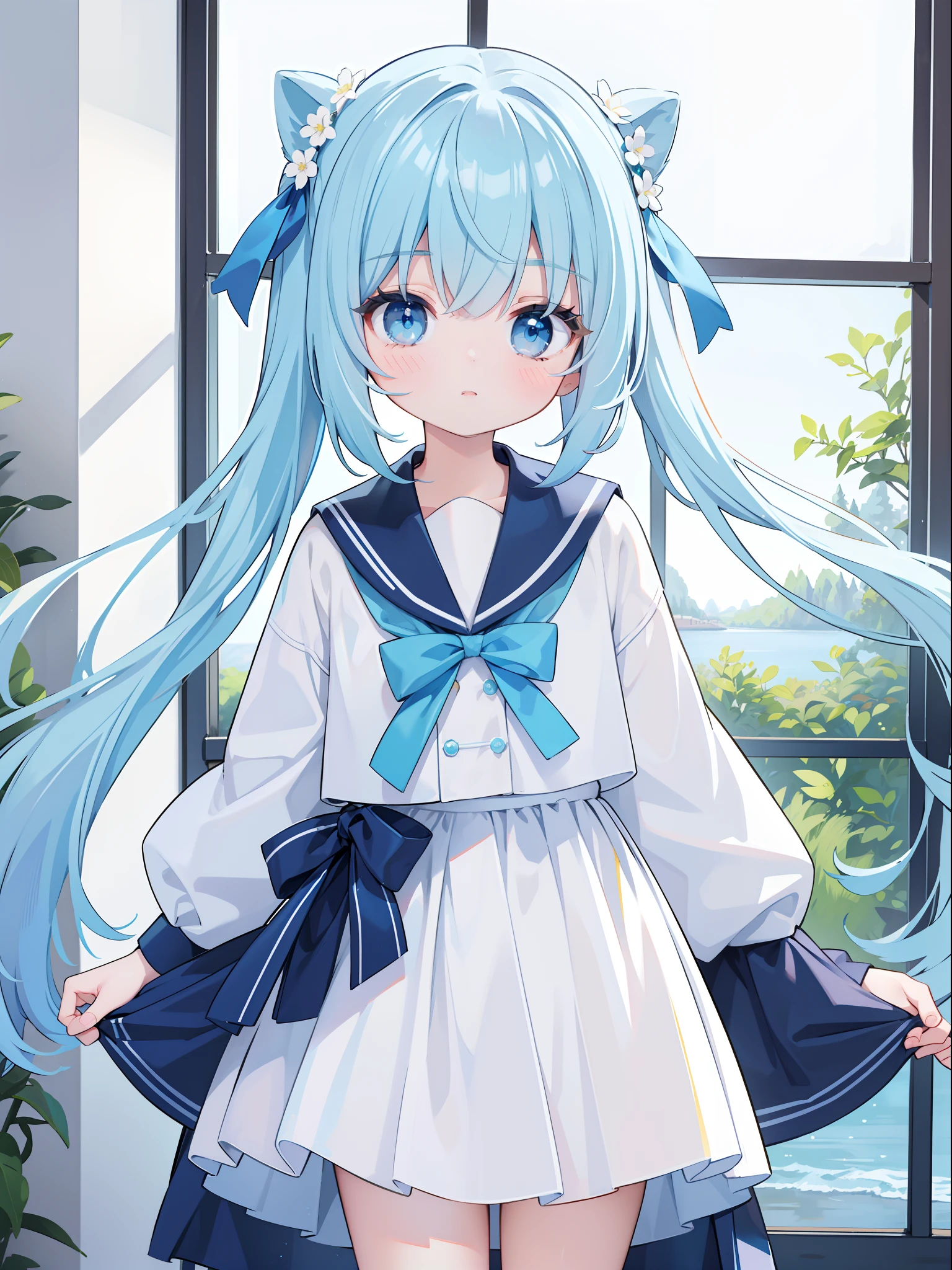 Extremely detailed CG unified 8K wallpaper, very fine 8KCG wallpaper, absurderes，Lori ，Best quality ，ultra - detailed ，Beautiful face  ，tmasterpiece、Head-to-waist display、A girl stands、top-quality(tmasterpiece), top-quality, 1girl in, lightblue hair、twosideup、Light blue sailor suit and light blue cardigan、Light blue ribbon、light blue  eyes、kawaii