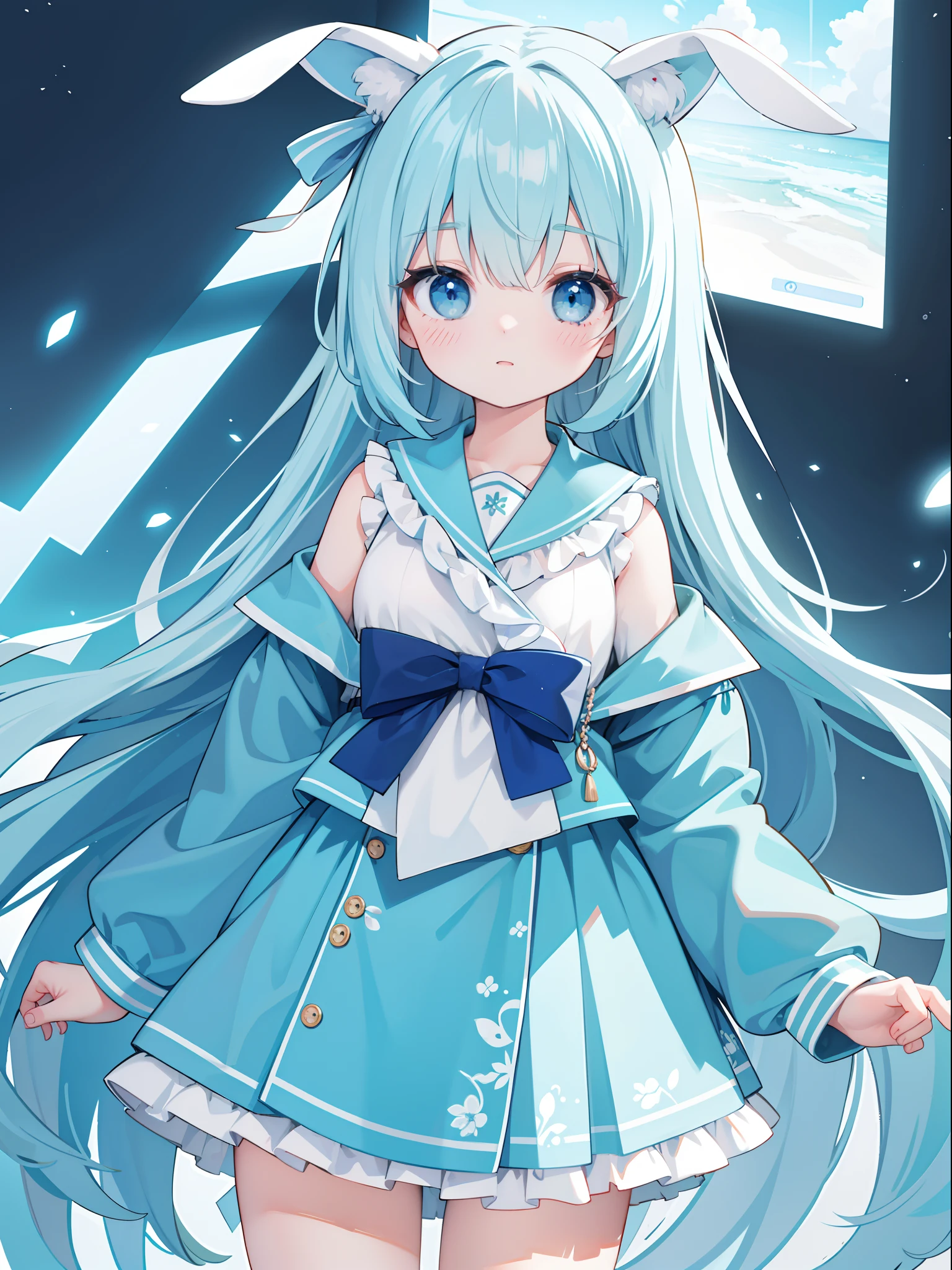 Extremely detailed CG unified 8K wallpaper, very fine 8KCG wallpaper, absurderes，Lori ，Best quality ，ultra - detailed ，Beautiful face  ，tmasterpiece、Head-to-waist display、A girl stands、top-quality(tmasterpiece), top-quality, 1girl in, lightblue hair、twosideup、Light blue sailor suit and light blue cardigan、Light blue ribbon、light blue  eyes、kawaii