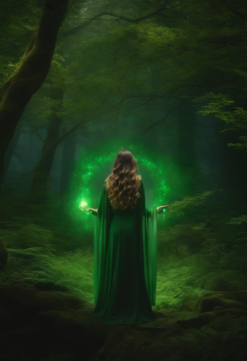 A powerful spell,Create a magical protective barrier, A woman uses green magic to summon a perfect magic shield,Perfect for fantasy worlds.