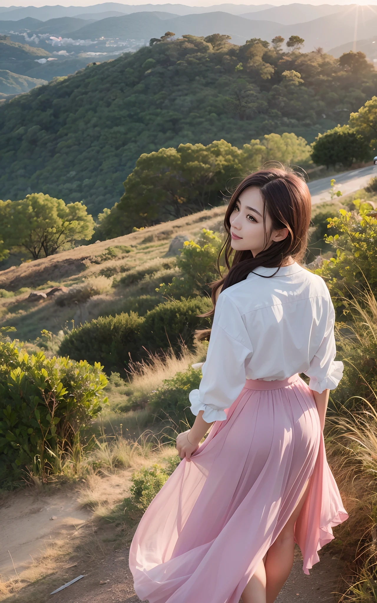 on a hill,a beauty girl,Evening glow,Suit with pink skirt,Watching the sunset、Face Highlights、
