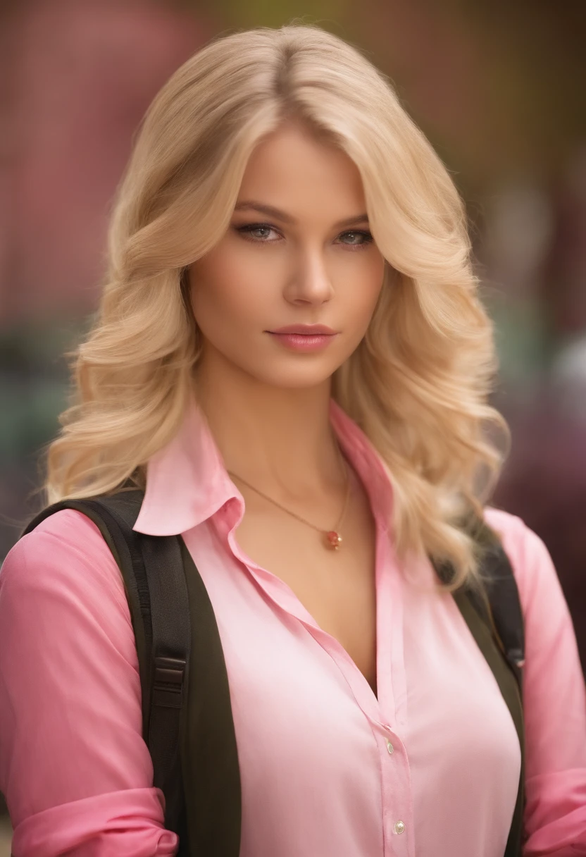 Blond hair, school girl, pink shirt, cleavage
