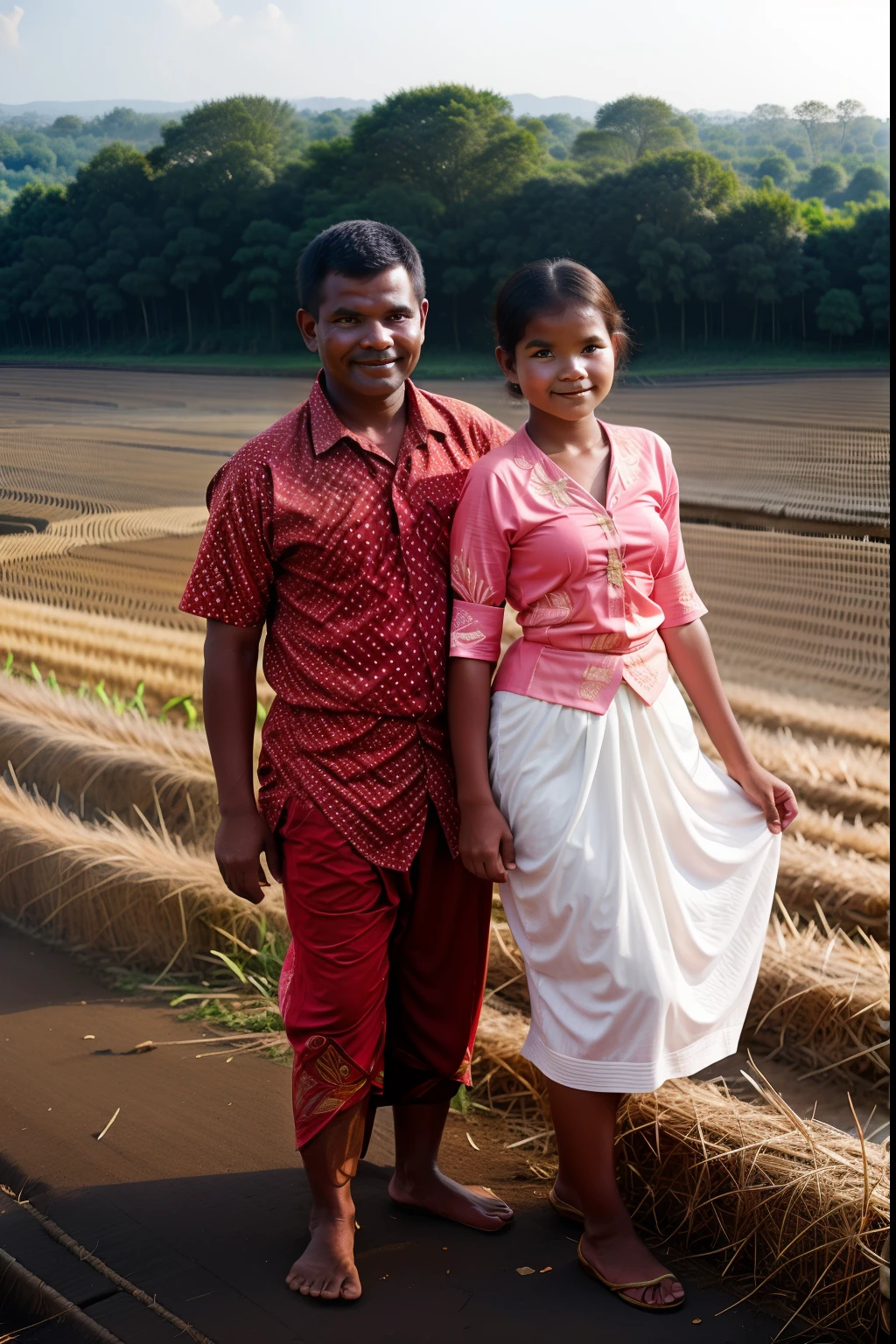 a javanese girl in the rice fields helps her father who is a farmer, wearing javanese clothing