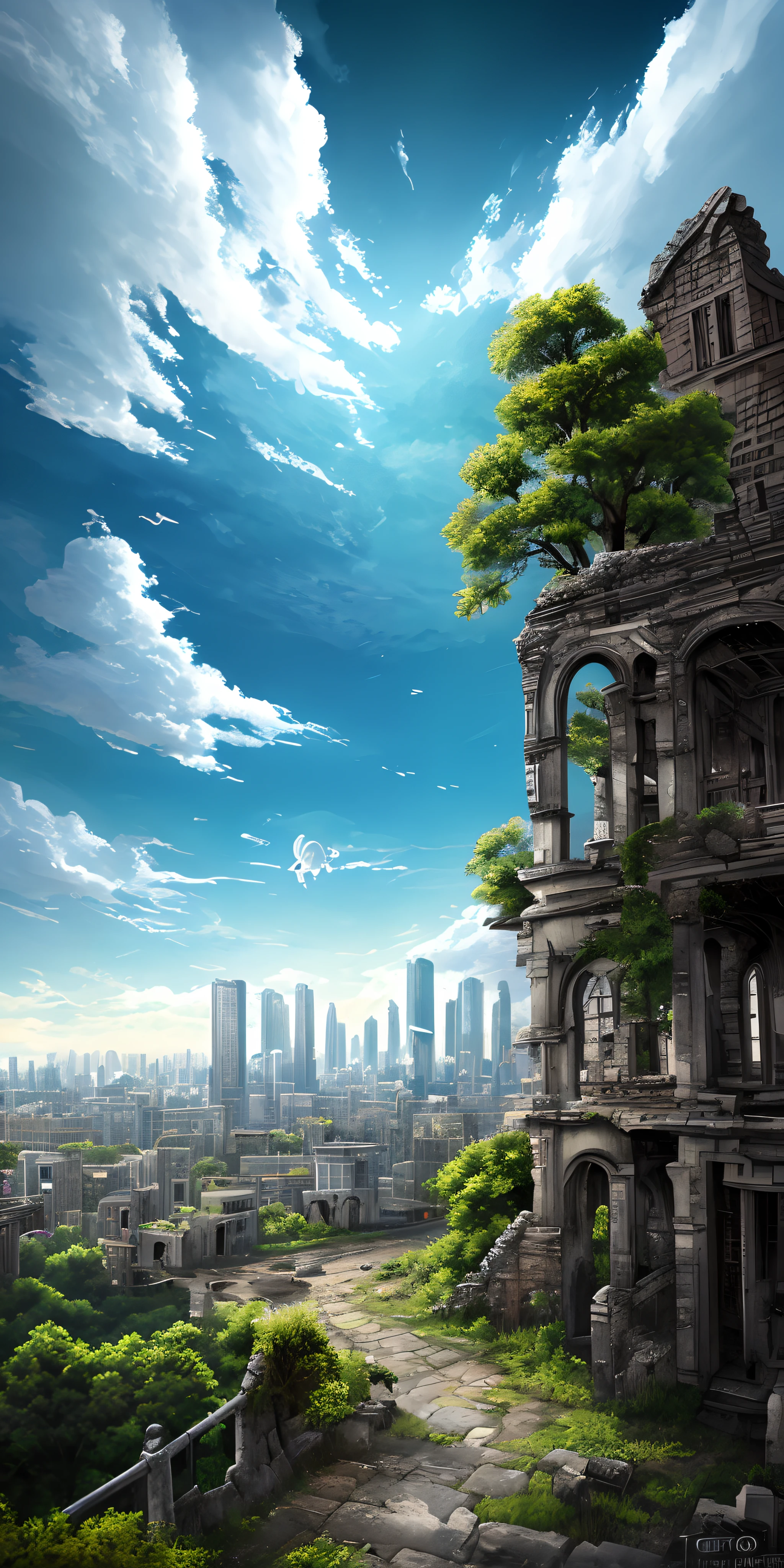 tmasterpiece， Escher， Dramatic skies， comets， Multi-colored sky， best qualtiy， high qulity， the Extremely Detailed CG Unity 8K Wallpapers， The landscape， city ruins background， Tokyo city ruins in the background， 废墟， toyko， （（ruins landscape））， （（The apocalyptic city））， （（city ruins））， exteriors， Skysky， Clouds， Skysky， No Man， mont， scenecy， The tree， blue-sky， precipice， naturey， mostly cloudy sky， award winning photography， bokeh， depth of fields， HDR， Flood， color difference， photorealisti， high detal， dramatics， halfway art， style of anime， illustratio，