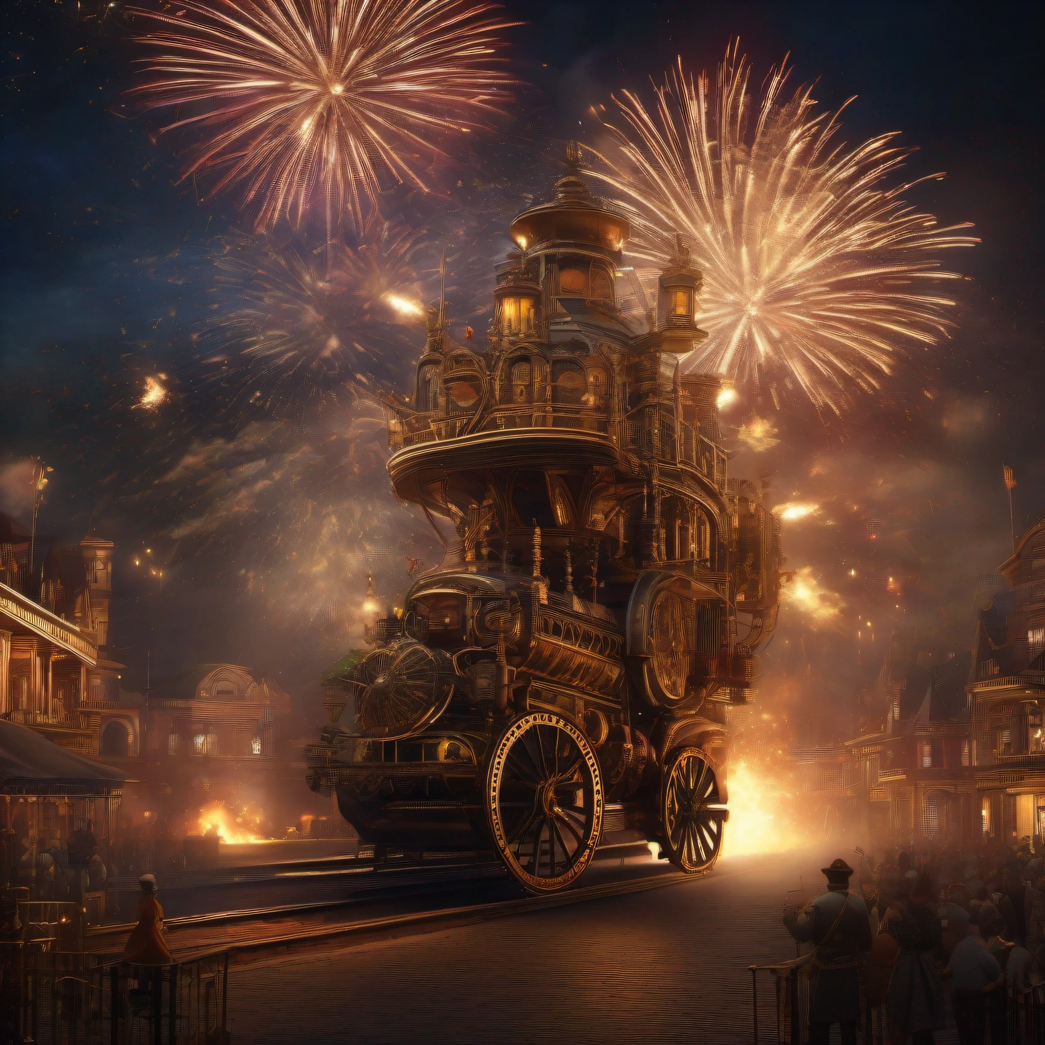 (Extremely detailed and realistic CG, Masterpiece, Best quality, Ultra-detailed), steampunc, the night，Fireworks explode in the sky , Spectacular fireworks display. The fireworks are huge, (Best illumination, Best shadow, An extremely delicate and beautiful empress), Cinematic atmosphere, Gorgeous metalwork, gear wheel, Clockwork, Smoke, steams, period costume, Vibrant colors.