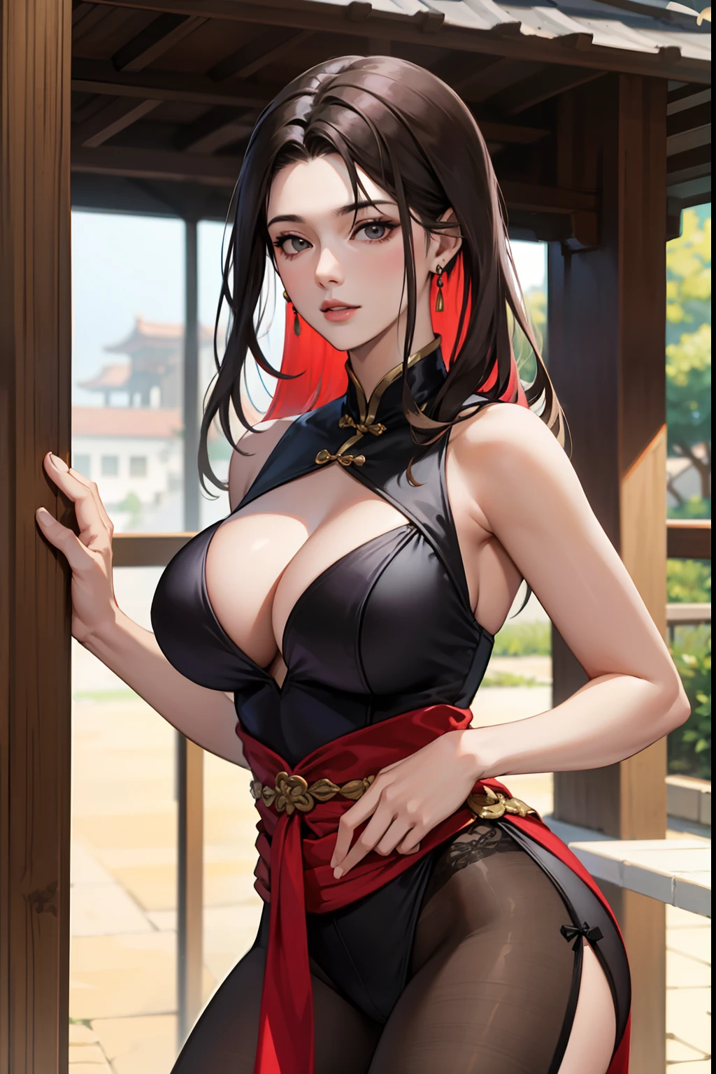 1deidade feminina,sexy mulher madura usando roupa chinesa hunfa estilo wuxia,cabelos longos,cor vermelhos,olhos distintos,voluptuous master of the pill pavilion,seios grandes,roupas femininas negras acentuando seu corpo,mulher de olhar atento,maliciosa e desafiadora,Imposing standing in front of several admirers, mulher desejada, protagonista destemida