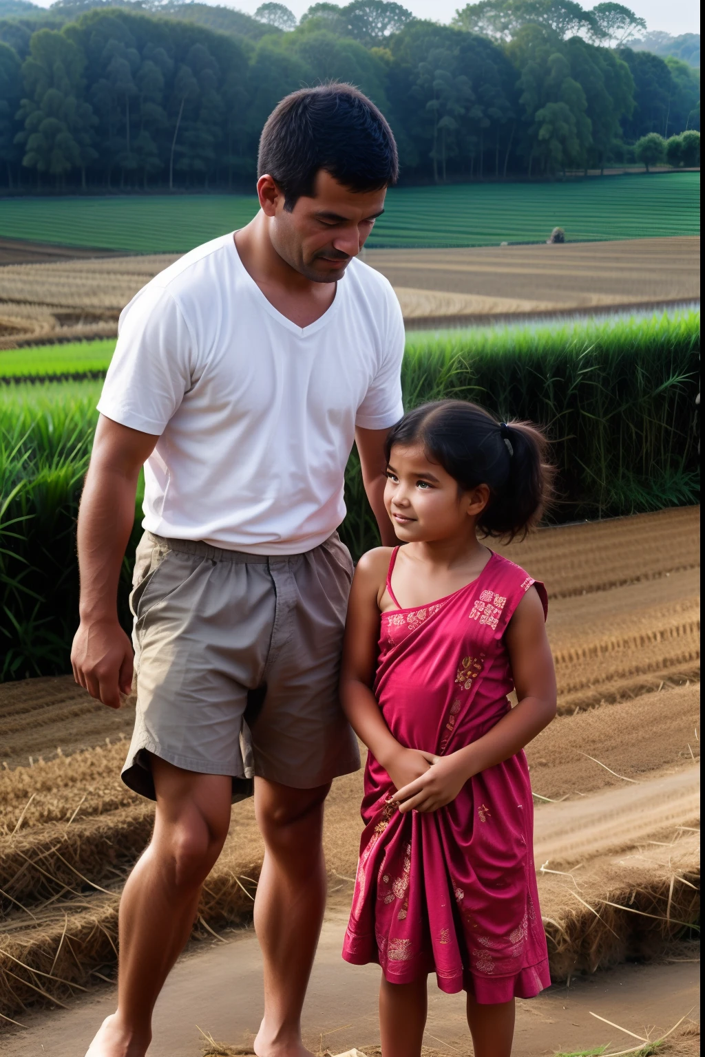 a girl in the rice fields helps her father who is a farmer