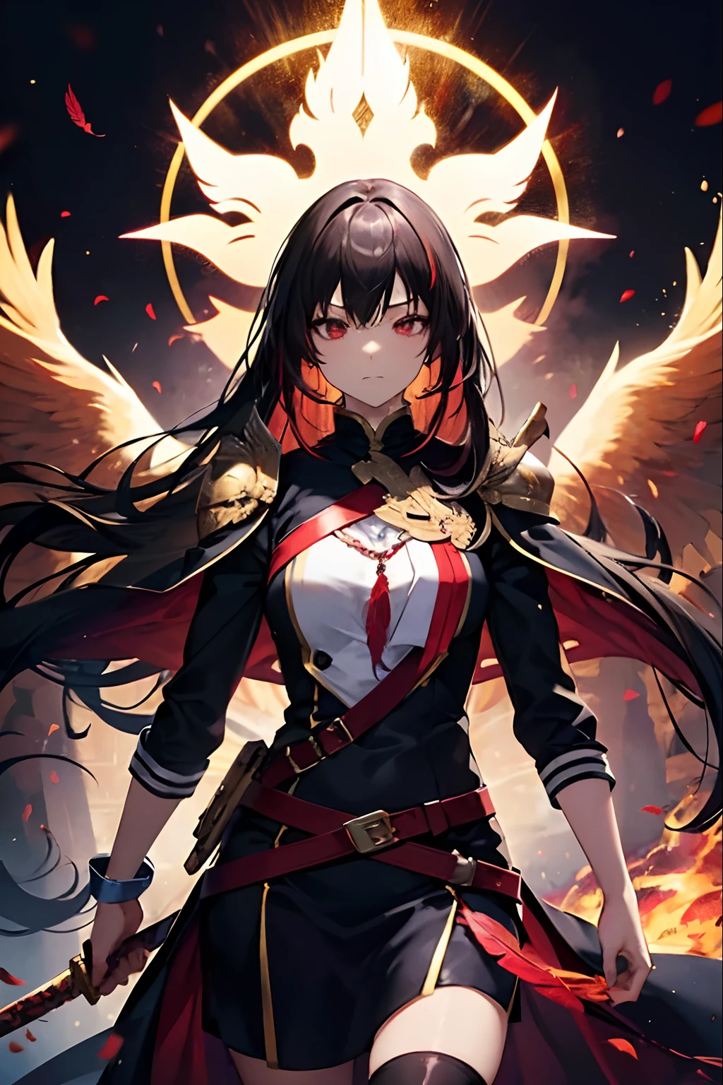 ((masutepiece:1.2, Best Quality)), girl with, Wear the Phoenix, ((Red feathers)), knight , sword holding, volcanoes, Black hair, Long hair, Long hair, Red Eyes, Determined, nffsw, 8K, Textured skin