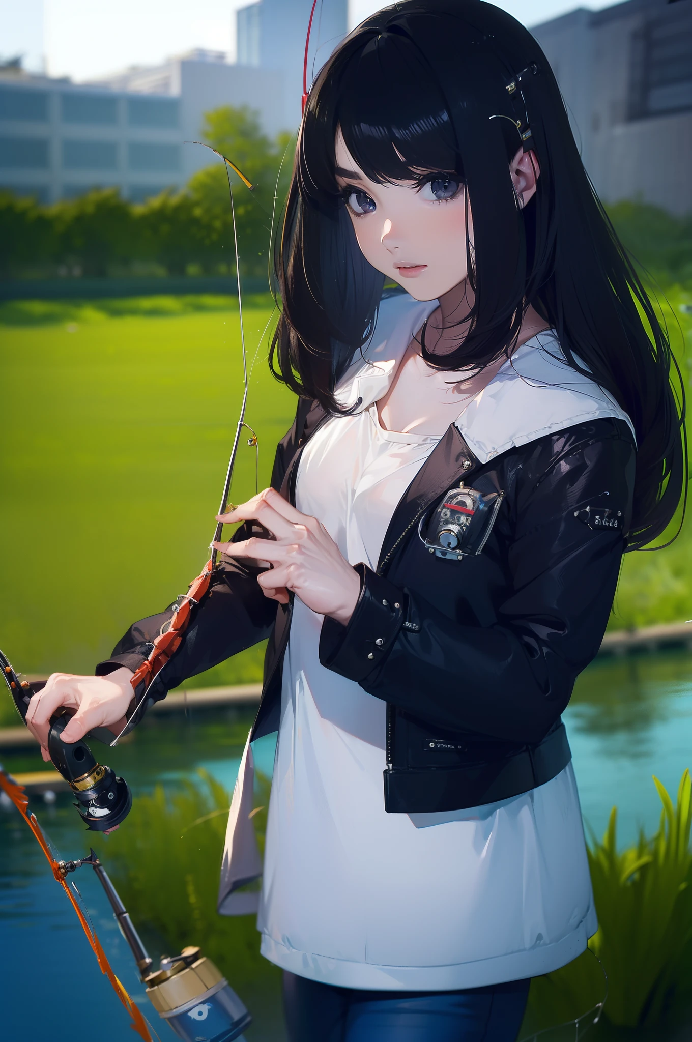 ((((Have fishing rod with a reel:1.5)))),((Female 28 years old)),((Best Quality:1.5)),(((Hands with the correct number and structure of fingers:1.4))),((lakeside:1.37)),hight resolution,ultra-detailliert,masterpiece,best qualtiy,(Eight-headed body),Black hair, long eyeslashes, Solid Circle Eyes, drop shadow, Atmospheric perspective,Super Detail, ccurate, small brest,(Black jacket and black jeans :1.1),top-quality, blurry backround, bokeh dof:1.2, (masterpiece:1.3), Atmospheric perspective,Super Detail,dynamic compositions,