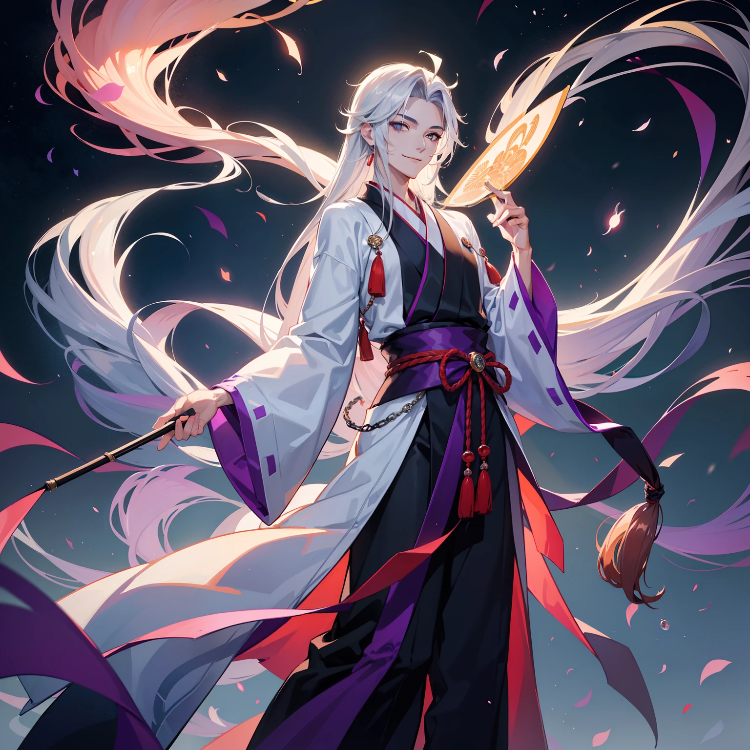 There is one young handsome thin man, a male nine-tailed silver fox from Japanese mythology with long hair, in clothes, his nine tails spread like a fan behind his back, he laughs, he smiles thoughtfully, (masterpiece), full-length, facing the viewer, surrealism, fantastic lighting, fireflies, sequins, the overall tone is silvery-purple
