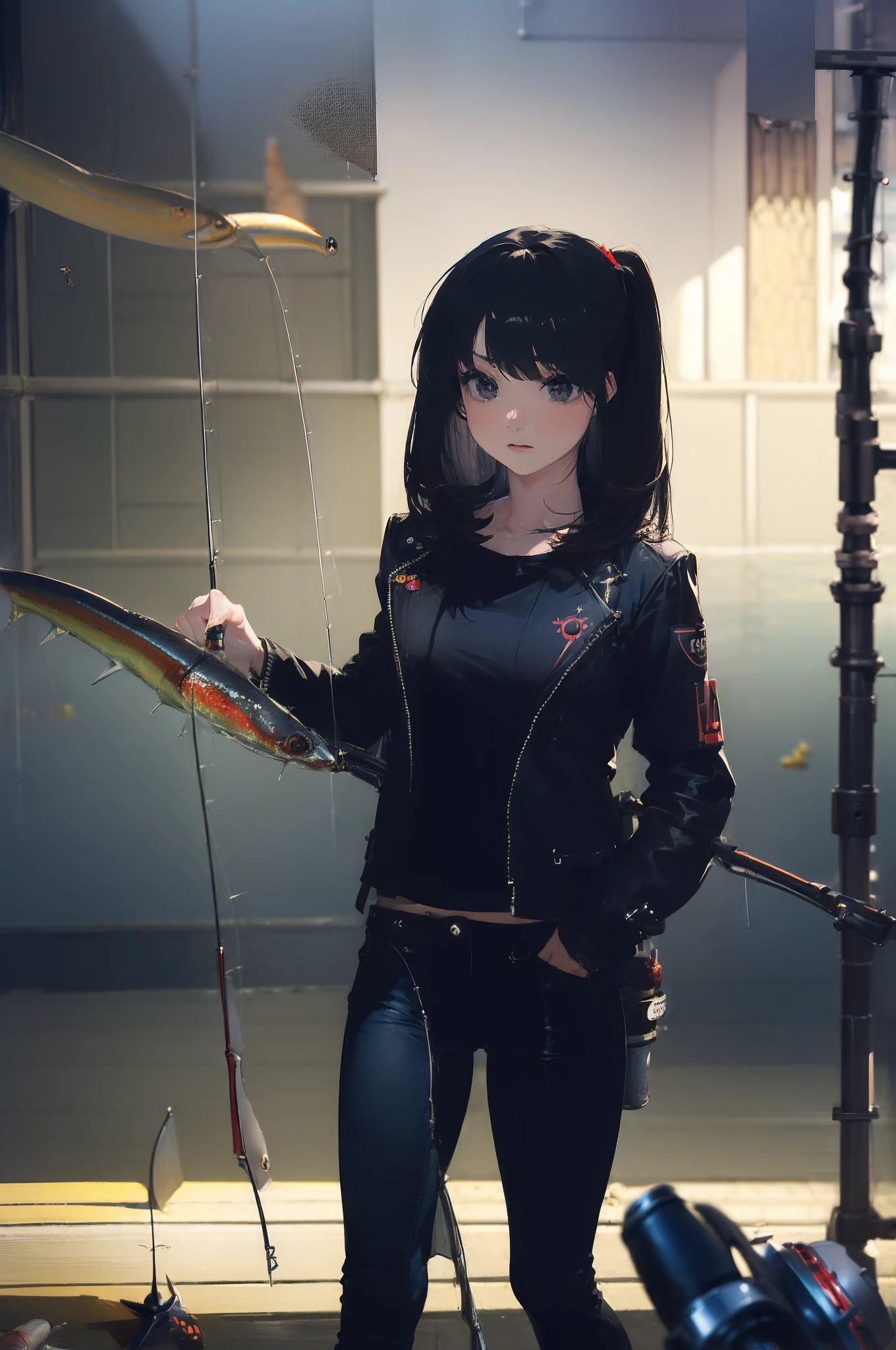 ((((Have fishing rod with a reel:1.5)))),((Female 28 years old)),((Best Quality:1.5)),(((Hands with the correct number and structure of fingers:1.4))),((lakeside:1.37)),hight resolution,ultra-detailliert,masterpiece,best qualtiy,(Eight-headed body),Black hair, long eyeslashes, Solid Circle Eyes, drop shadow, Atmospheric perspective,Super Detail, ccurate, small brest,(Black jacket and black jeans :1.1),top-quality, blurry backround, bokeh dof:1.2, (masterpiece:1.3), Atmospheric perspective,Super Detail,dynamic compositions,