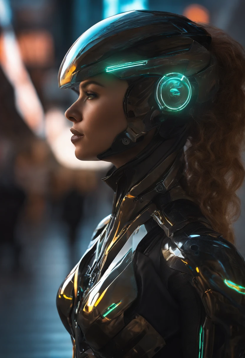 (female Protogen),cyberpunk,mechanical,glowing eyes,metallic surface,digital display,advanced technology,futuristic,neon lights,electromagnetic field,sharp edges,streamlined design,digital organism,biomechanical,mysterious atmosphere,glass visor,enhanced senses,energetic pose,invisible circuits,holographic projections,colorful wires,female cyborg