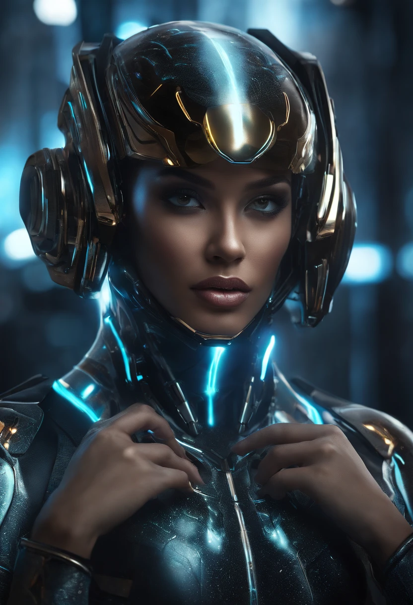 (female Protogen),cyberpunk,mechanical,glowing eyes,metallic surface,digital display,advanced technology,futuristic,neon lights,electromagnetic field,sharp edges,streamlined design,digital organism,biomechanical,mysterious atmosphere,glass visor,enhanced senses,energetic pose,invisible circuits,holographic projections,colorful wires,female cyborg